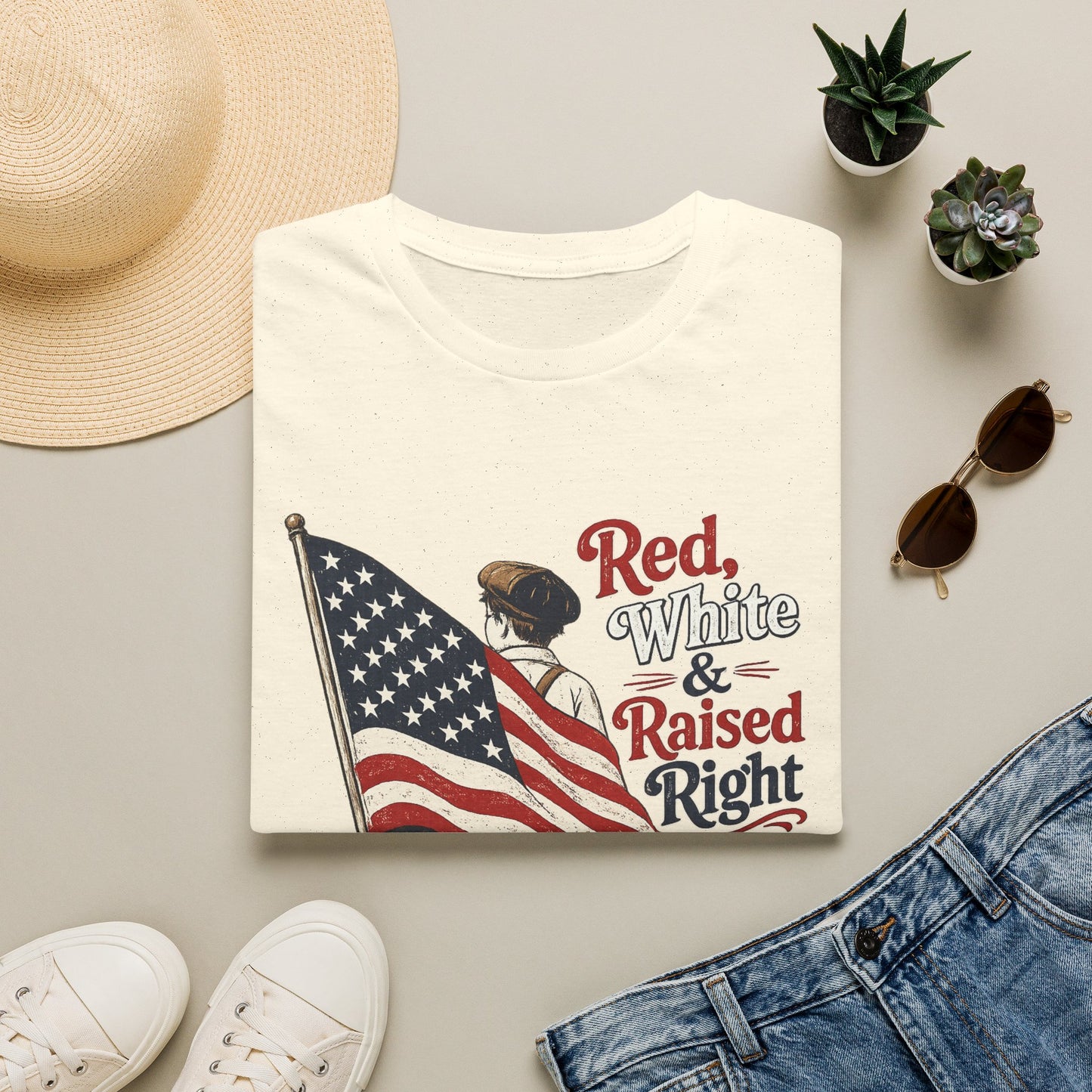 T-Shirt — "Red, White & Raised Right" Patriotic Flag Kids Retro Tee
