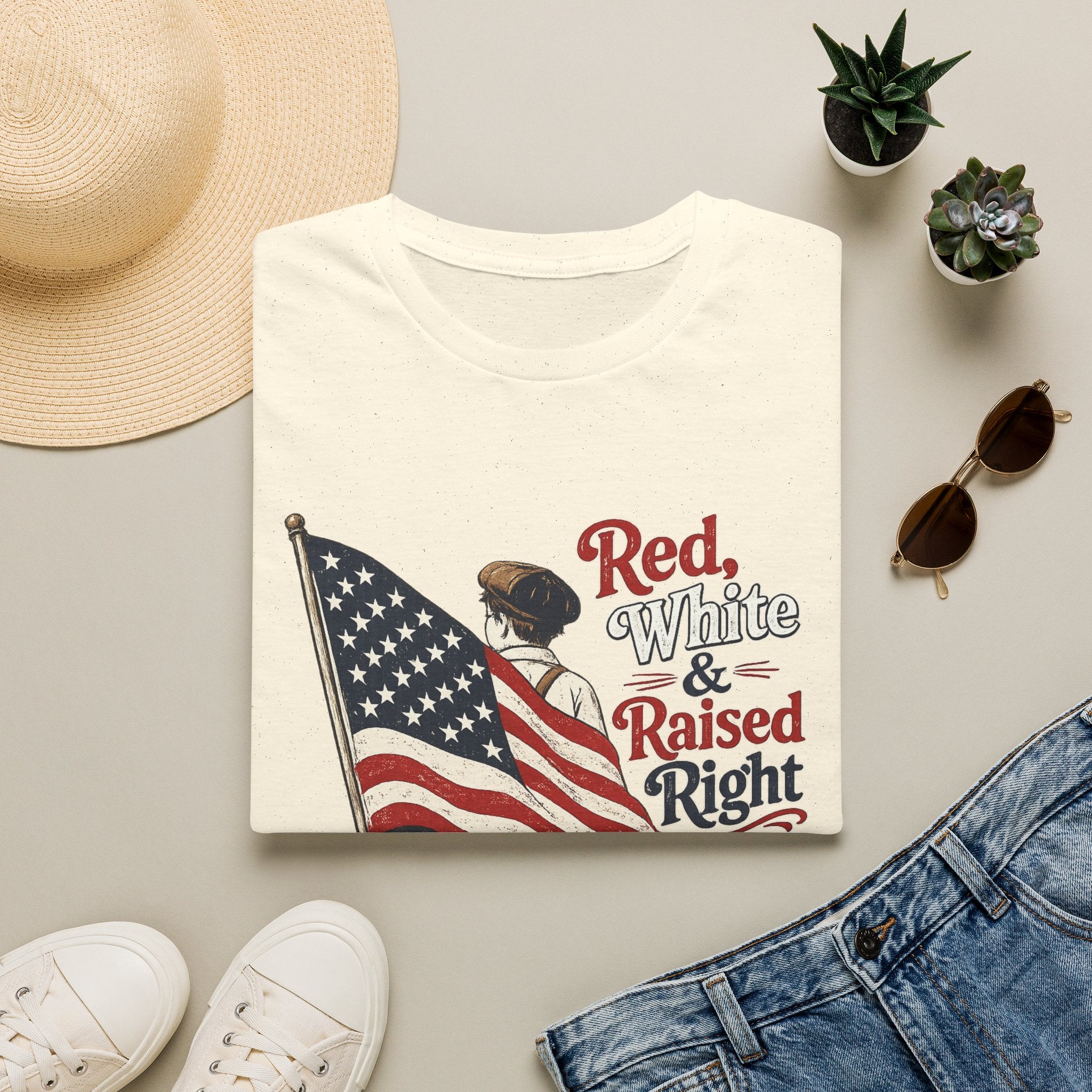T-Shirt — "Red, White & Raised Right" Patriotic Flag Retro Tee