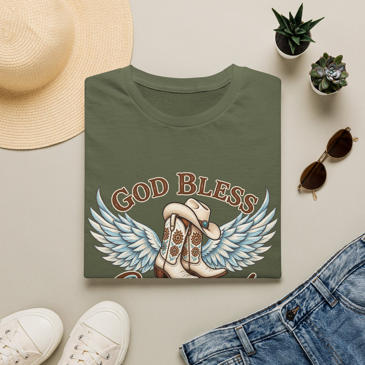 God Bless Cowgirls – Western Angel Wings Graphic Tee