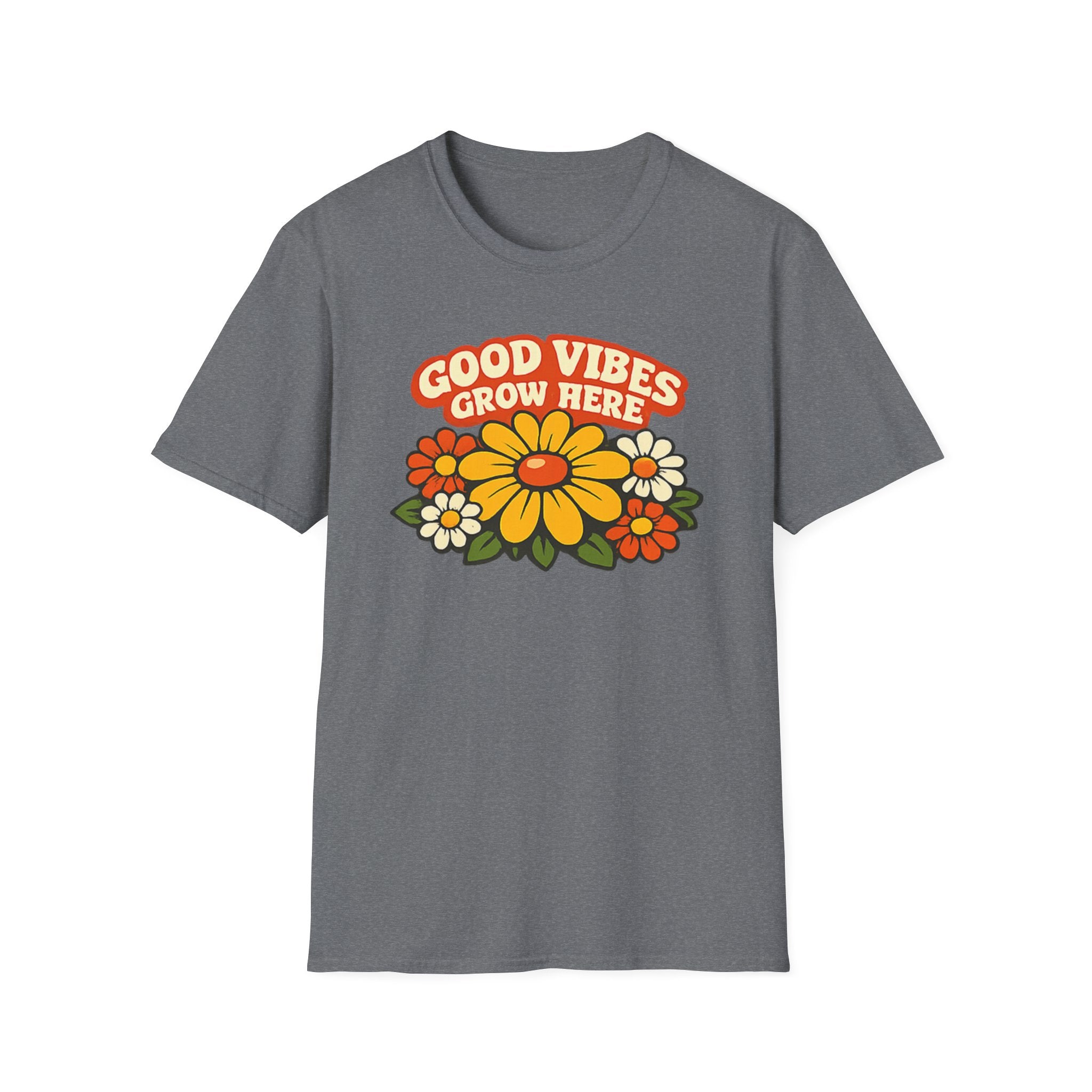 Good Vibes Grow Here Retro T-Shirt — 60s/70s Vintage Floral Tee