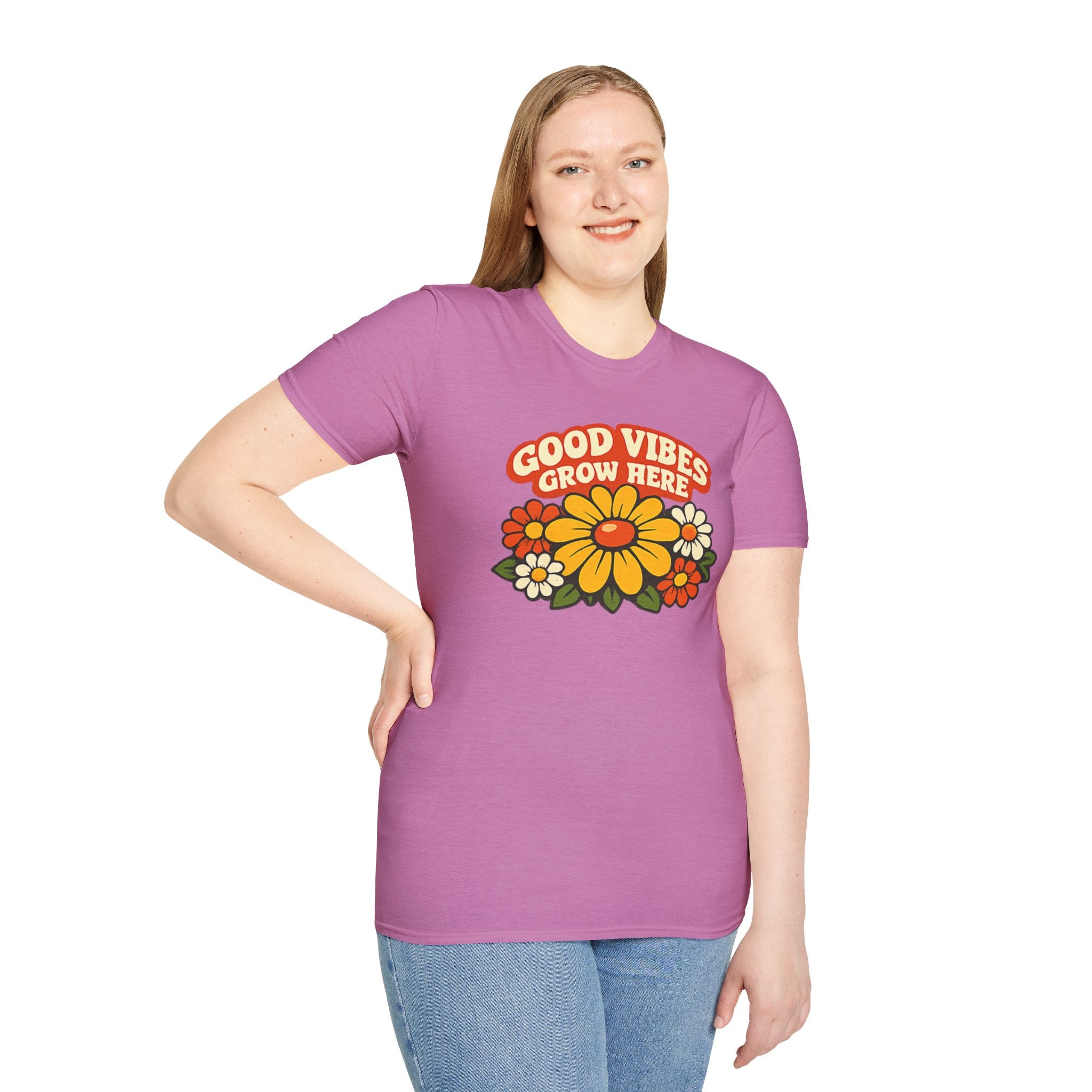 Good Vibes Grow Here Retro T-Shirt — 60s/70s Vintage Floral Tee