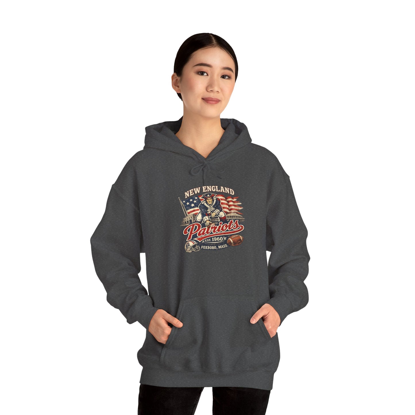 New England Patriots Vintage Football Hoodie – American Flag, Helmet & “Patriots” Graphic