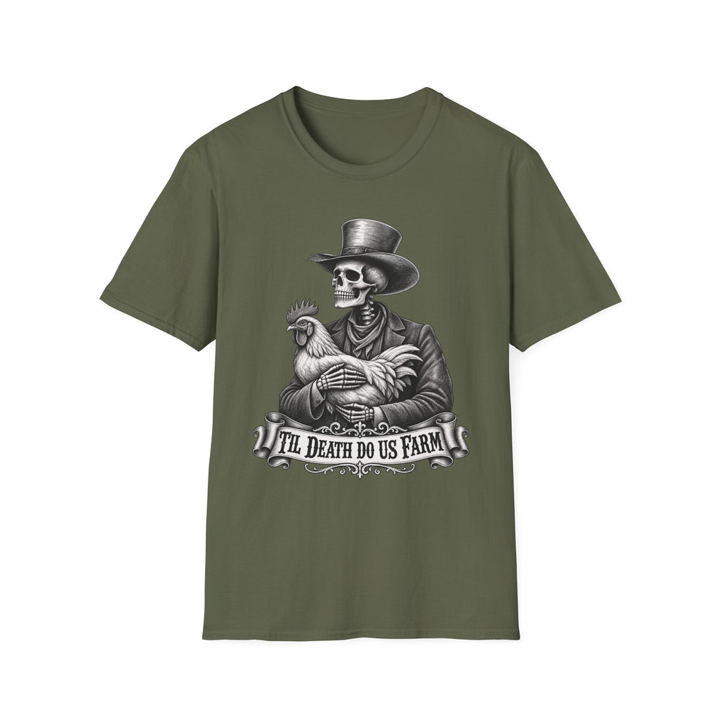 Til Death Do Us Farm – Skeleton & Chicken Funny Farm Tee 💀🐓