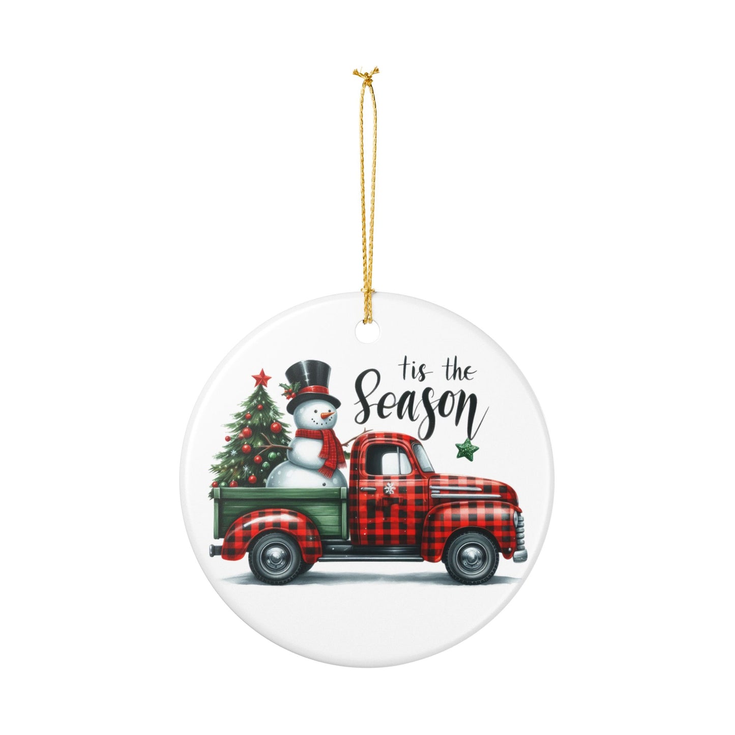 Ceramic Ornament - Plaid Truck Christmas Tree with Snowman, "’Tis the Season" Holiday Decoration