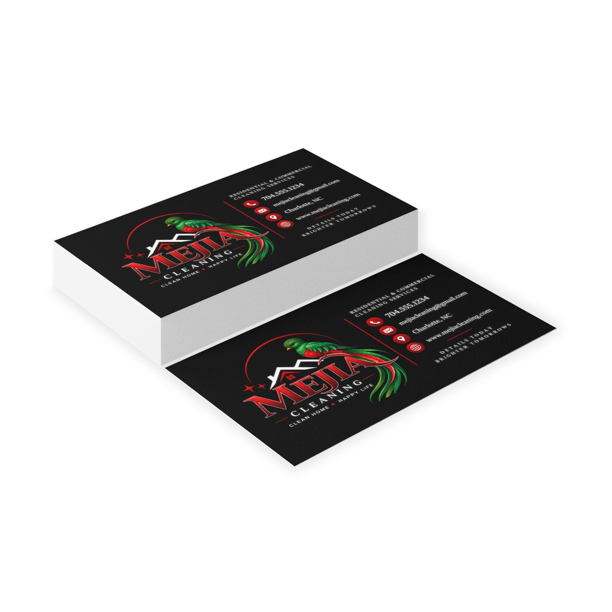 Black Business Cards — Mejia Cleaning Branded Parrot Logo Card
