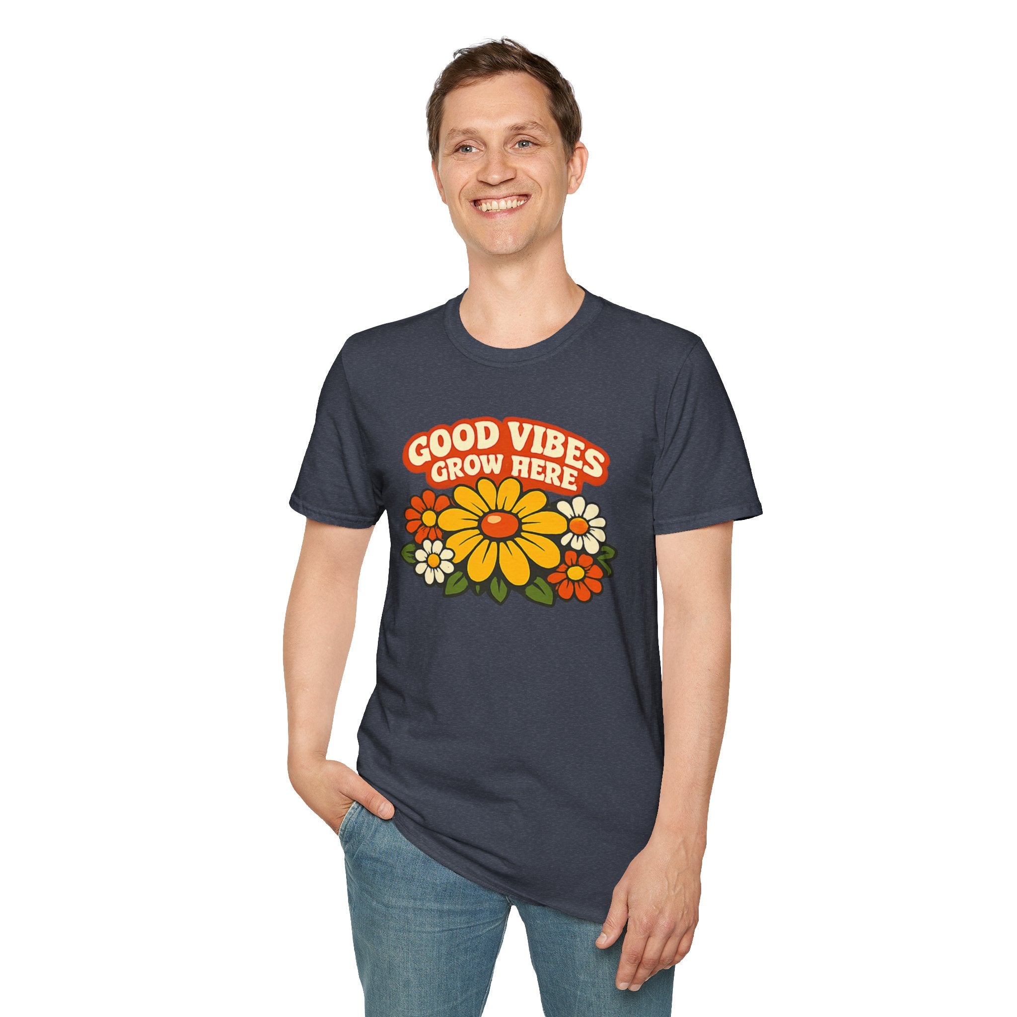 Good Vibes Grow Here Retro T-Shirt — 60s/70s Vintage Floral Tee