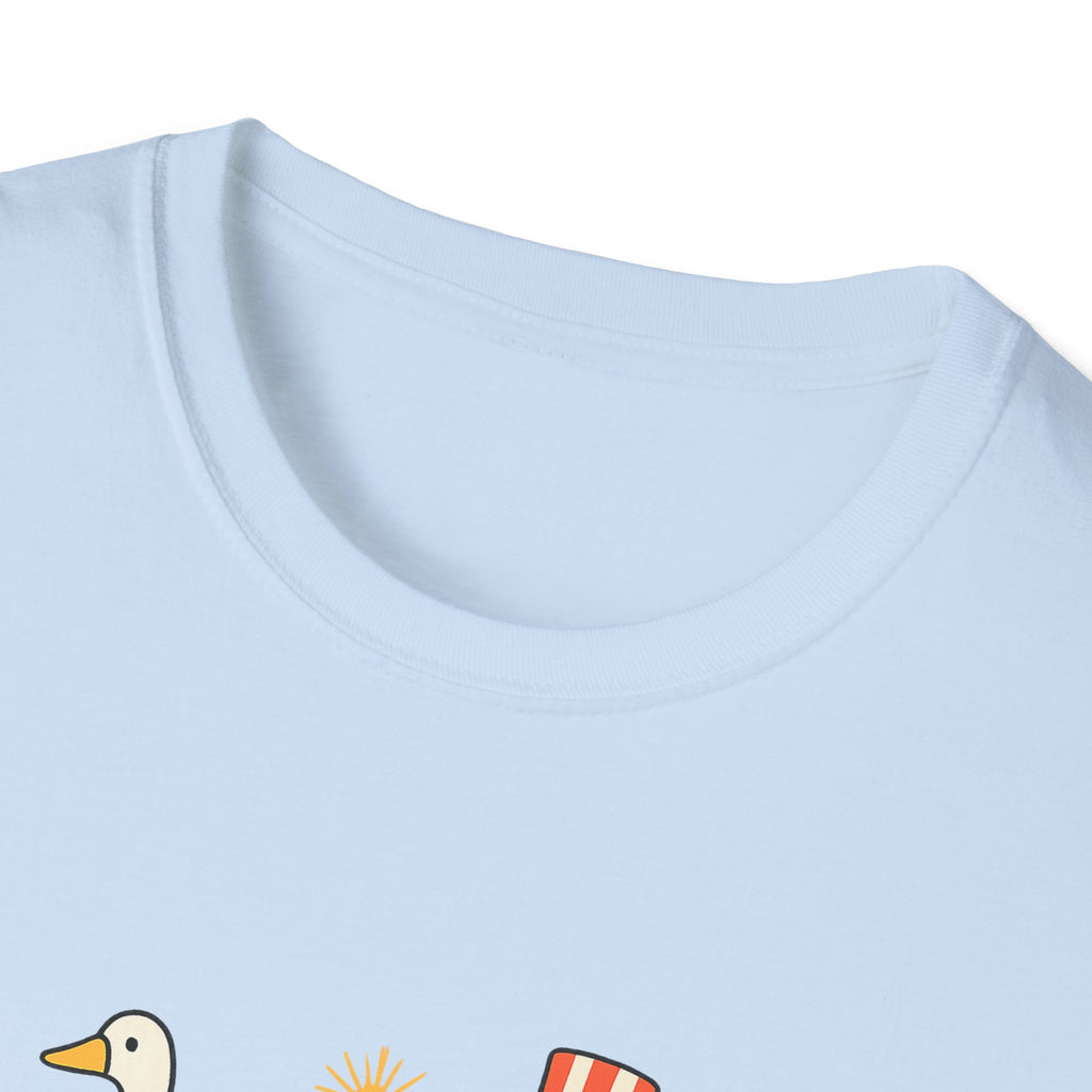 Americas 250th Patriotic Goose Parade T-Shirt — USA Hot Dog, Soldier & Statue of Liberty Graphic