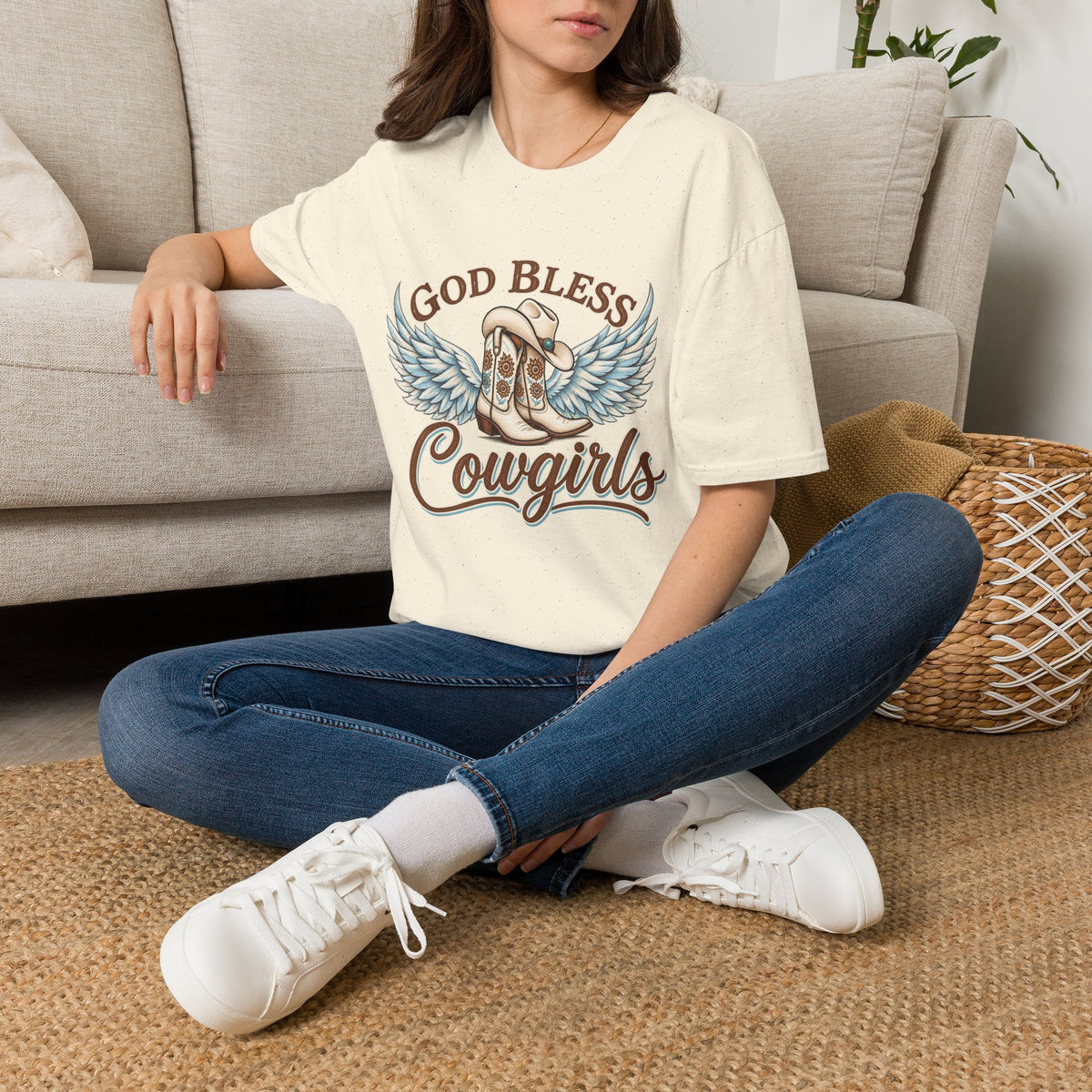 God Bless Cowgirls – Western Angel Wings Graphic Tee