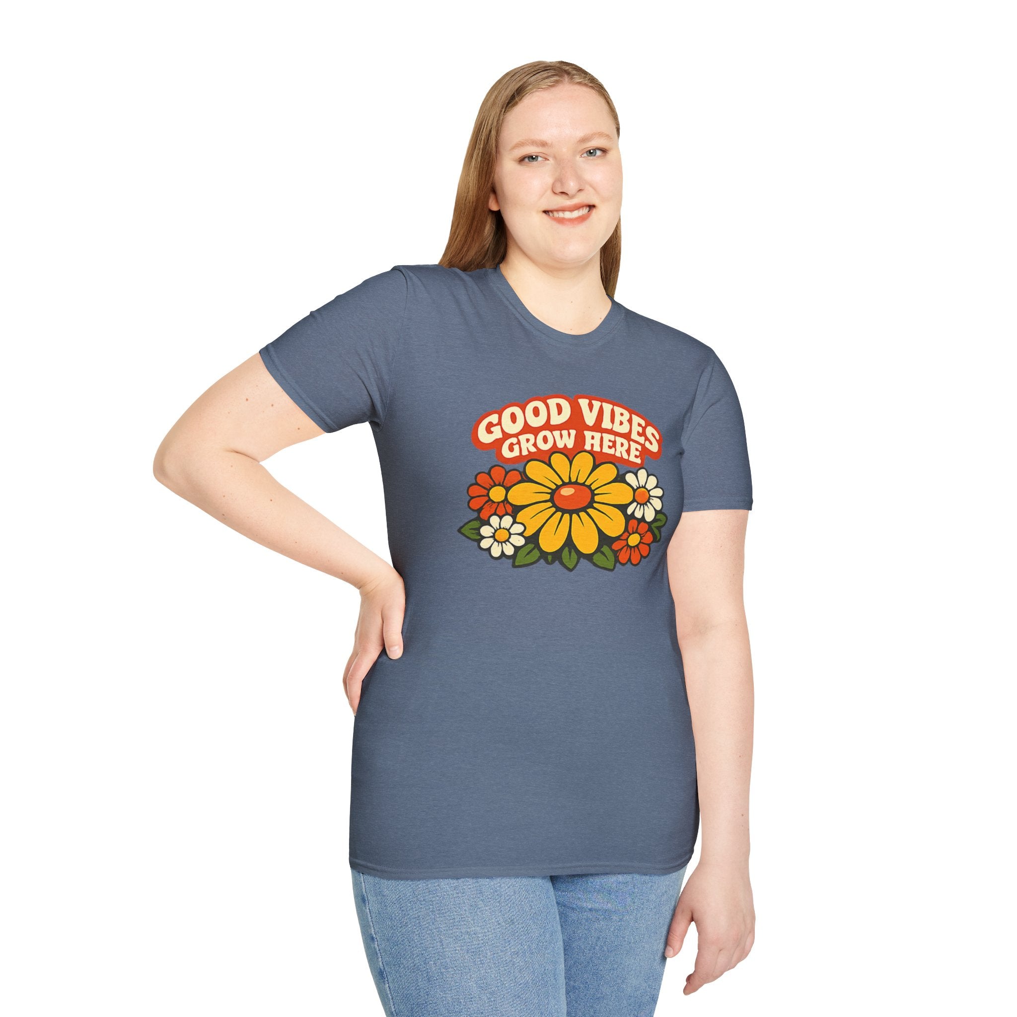 Good Vibes Grow Here Retro T-Shirt — 60s/70s Vintage Floral Tee