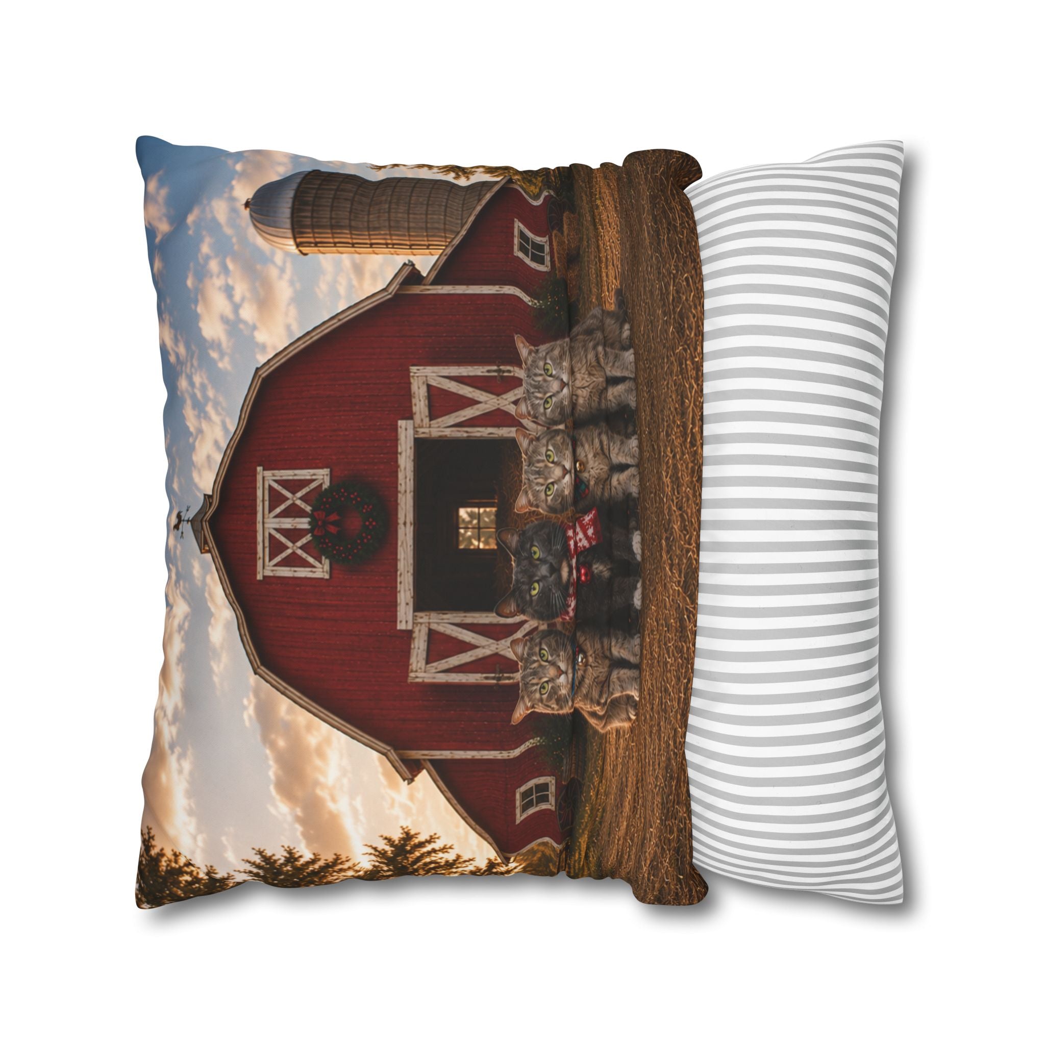 Farmhouse Christmas Cats Square Pillowcase — Red Barn Holiday Throw Pillow Cover