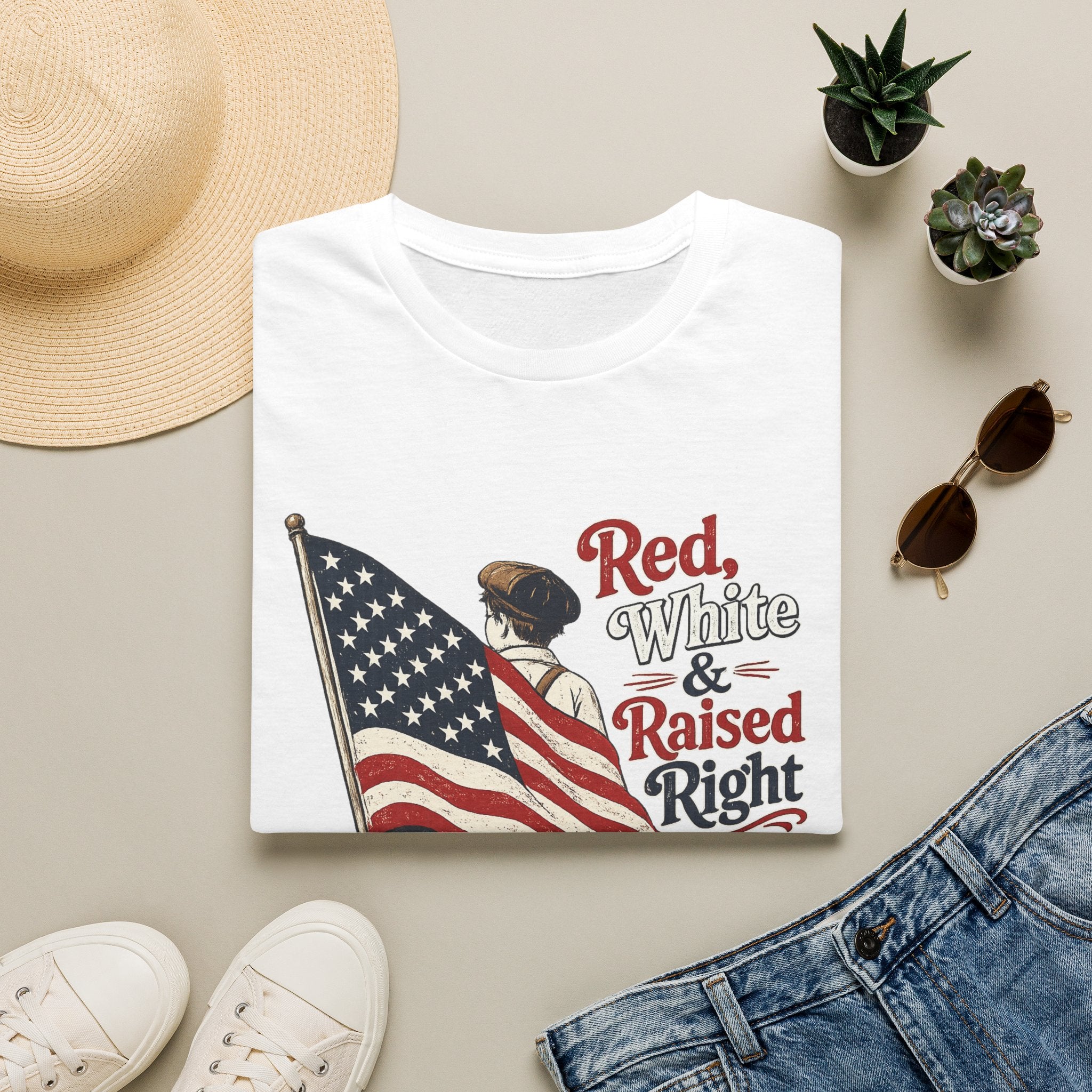 T-Shirt — "Red, White & Raised Right" Patriotic Flag Retro Tee