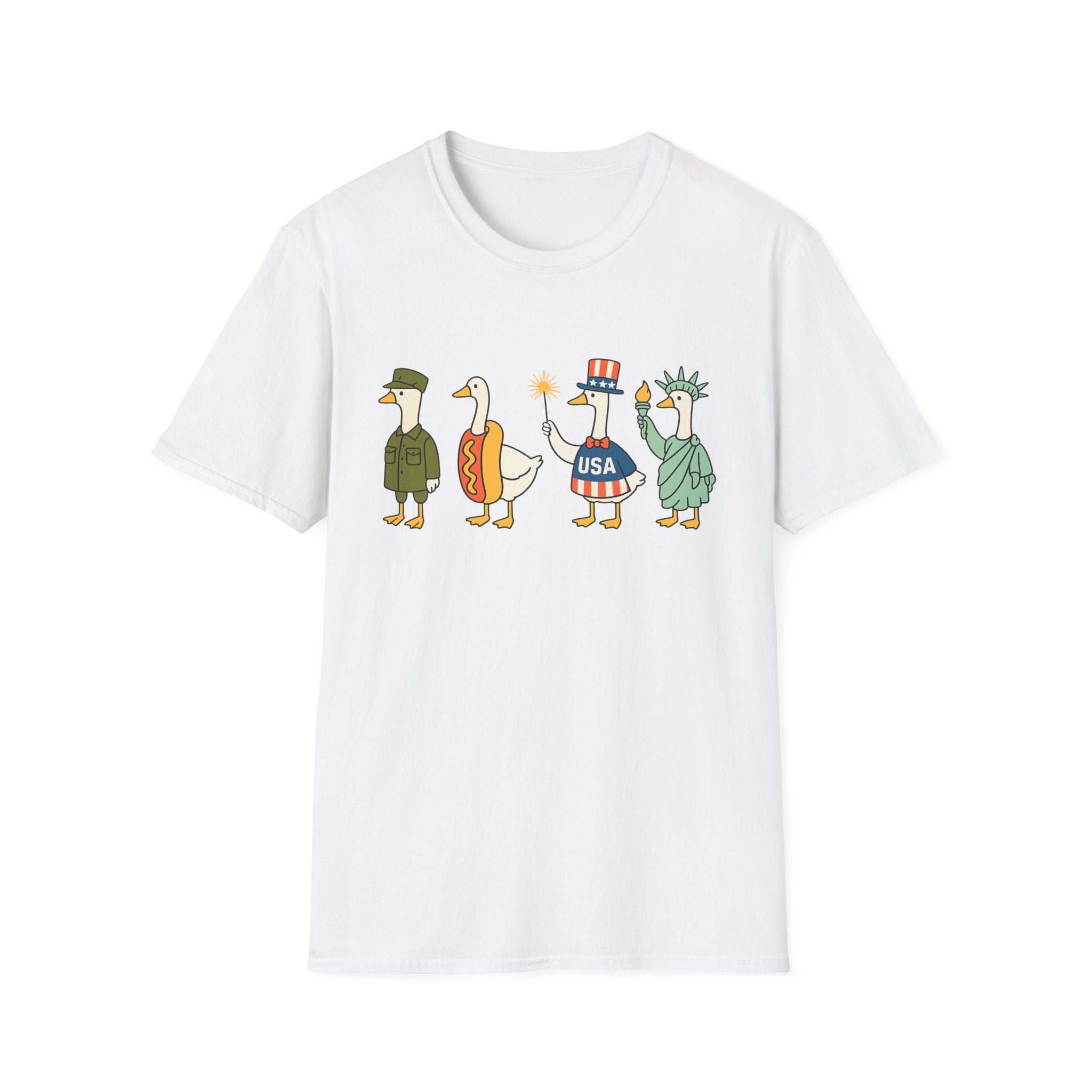 Americas 250th Patriotic Goose Parade T-Shirt — USA Hot Dog, Soldier & Statue of Liberty Graphic