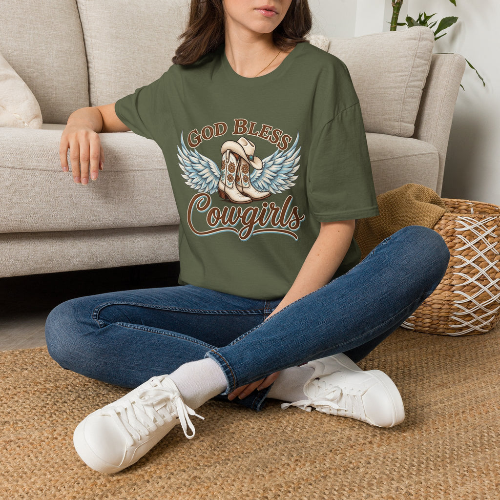 God Bless Cowgirls – Western Angel Wings Graphic Tee