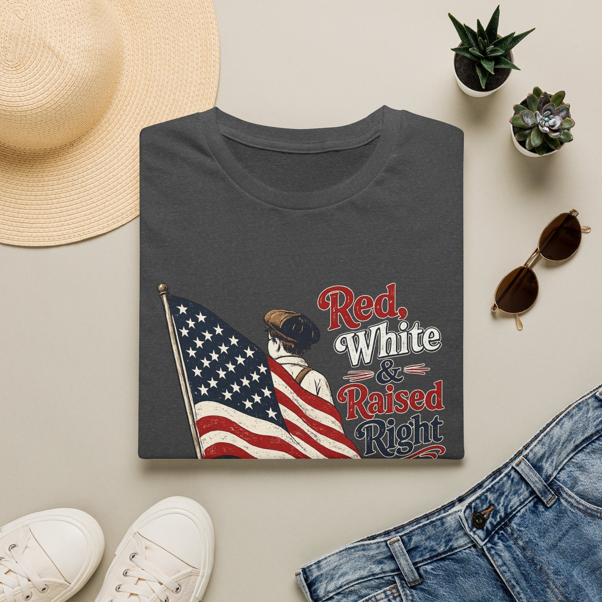 T-Shirt — "Red, White & Raised Right" Patriotic Flag Retro Tee