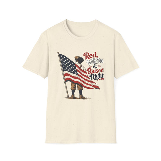 T-Shirt — "Red, White & Raised Right" Patriotic Flag Kids Retro Tee