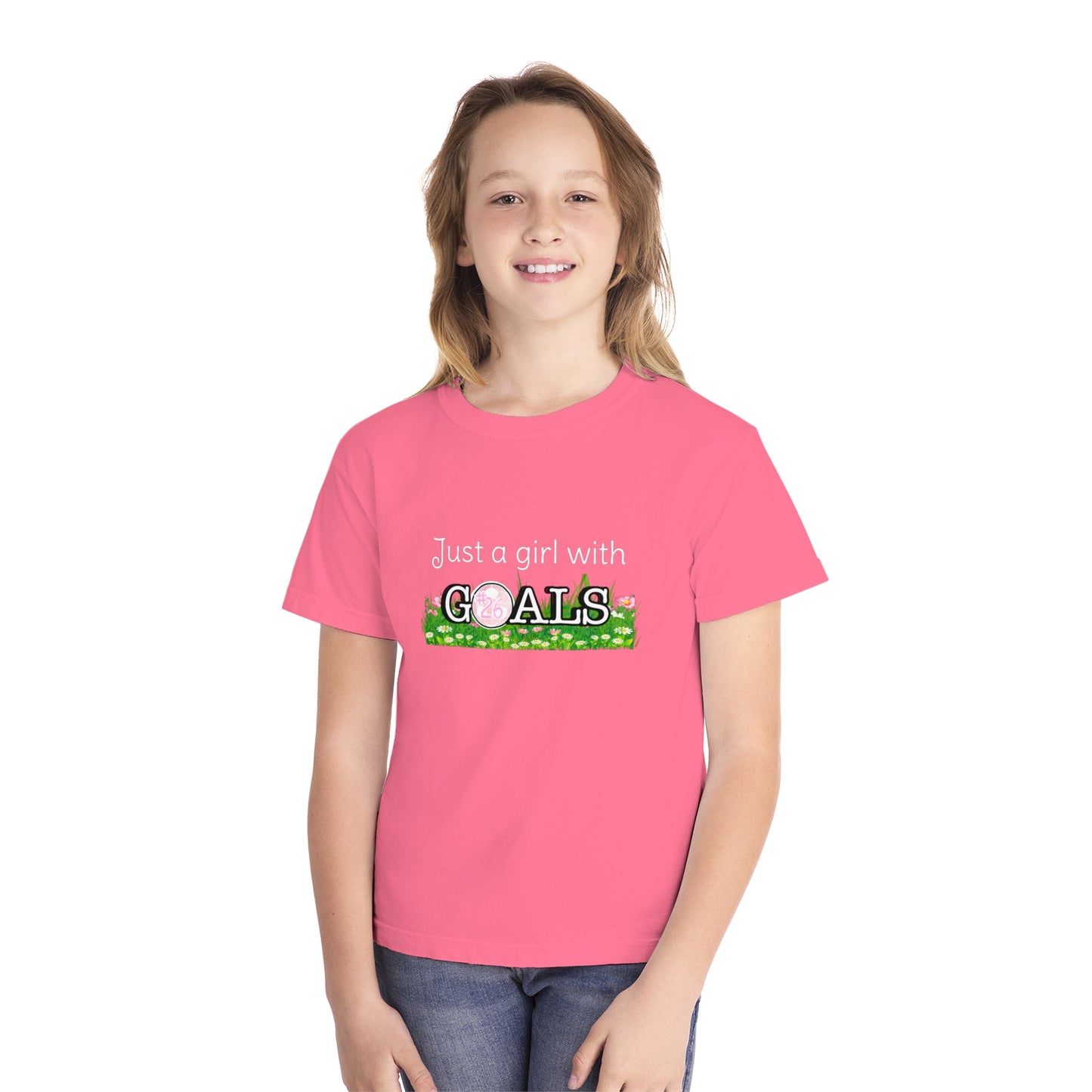 Just a Girl with Goals Youth T-Shirt - Soccer-Themed Tee for Young Athletes