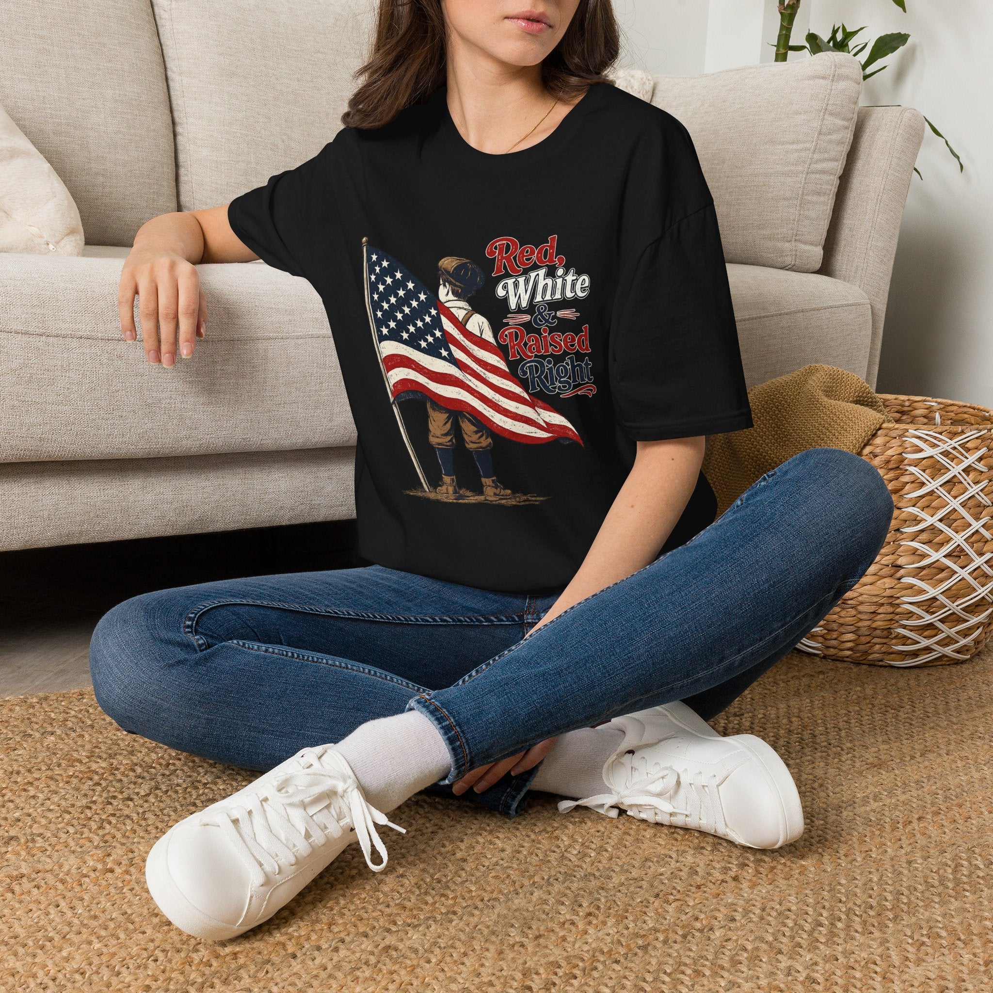 T-Shirt — "Red, White & Raised Right" Patriotic Flag Retro Tee