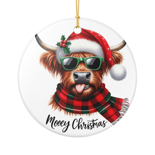 Highland Cow 'Mooey Christmas' Ceramic Ornament — Cute Holiday Tree Decoration