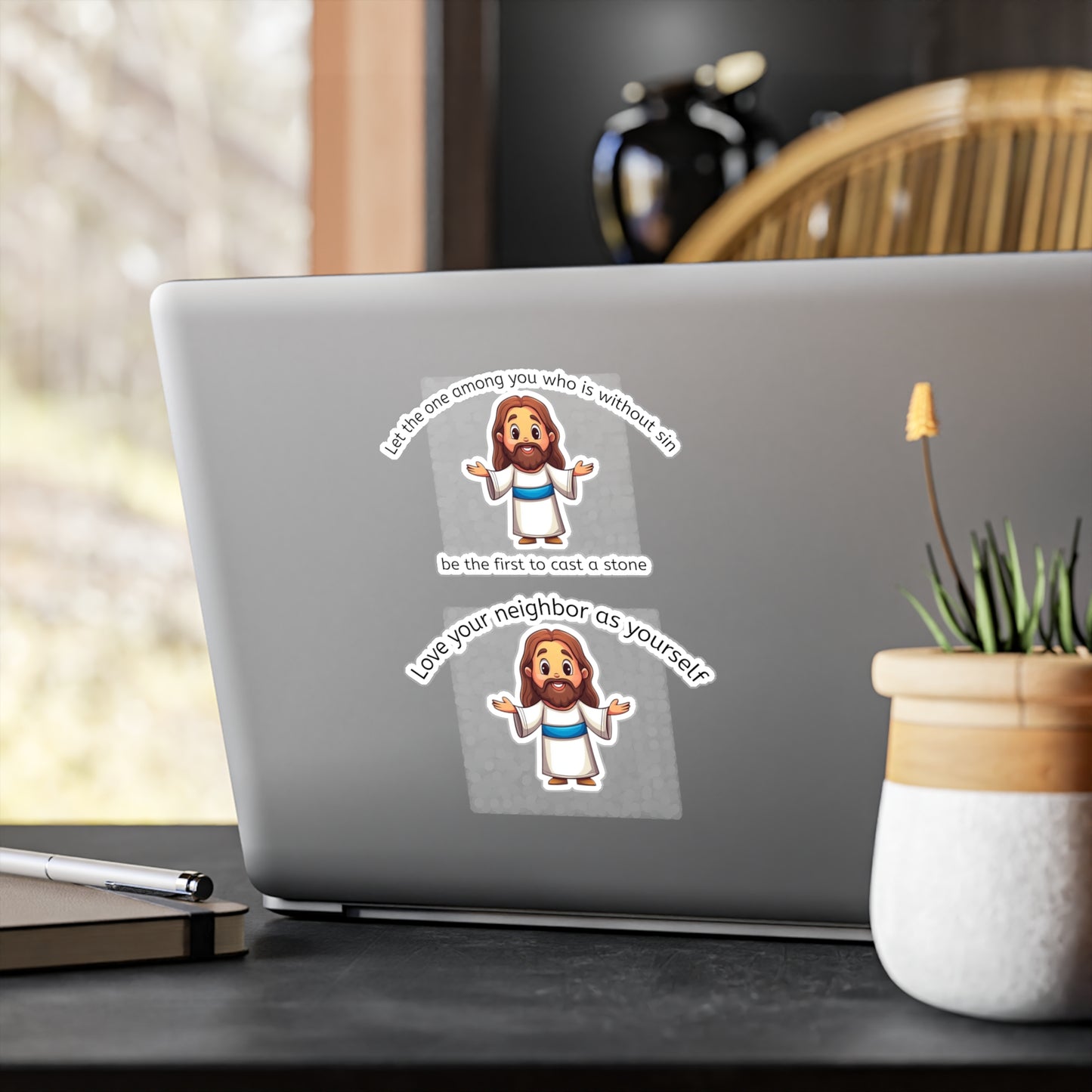 Jesus Cartoon Sticker Set — “Let the one among you who is without sin be the first to cast a stone” & “Love your neighbor as yourself” [...]