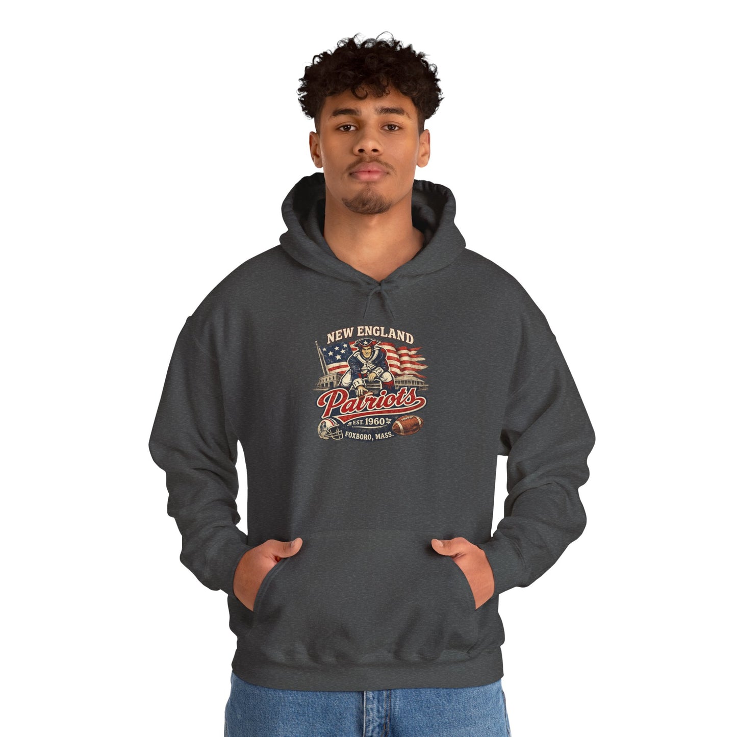 New England Patriots Vintage Football Hoodie – American Flag, Helmet & “Patriots” Graphic
