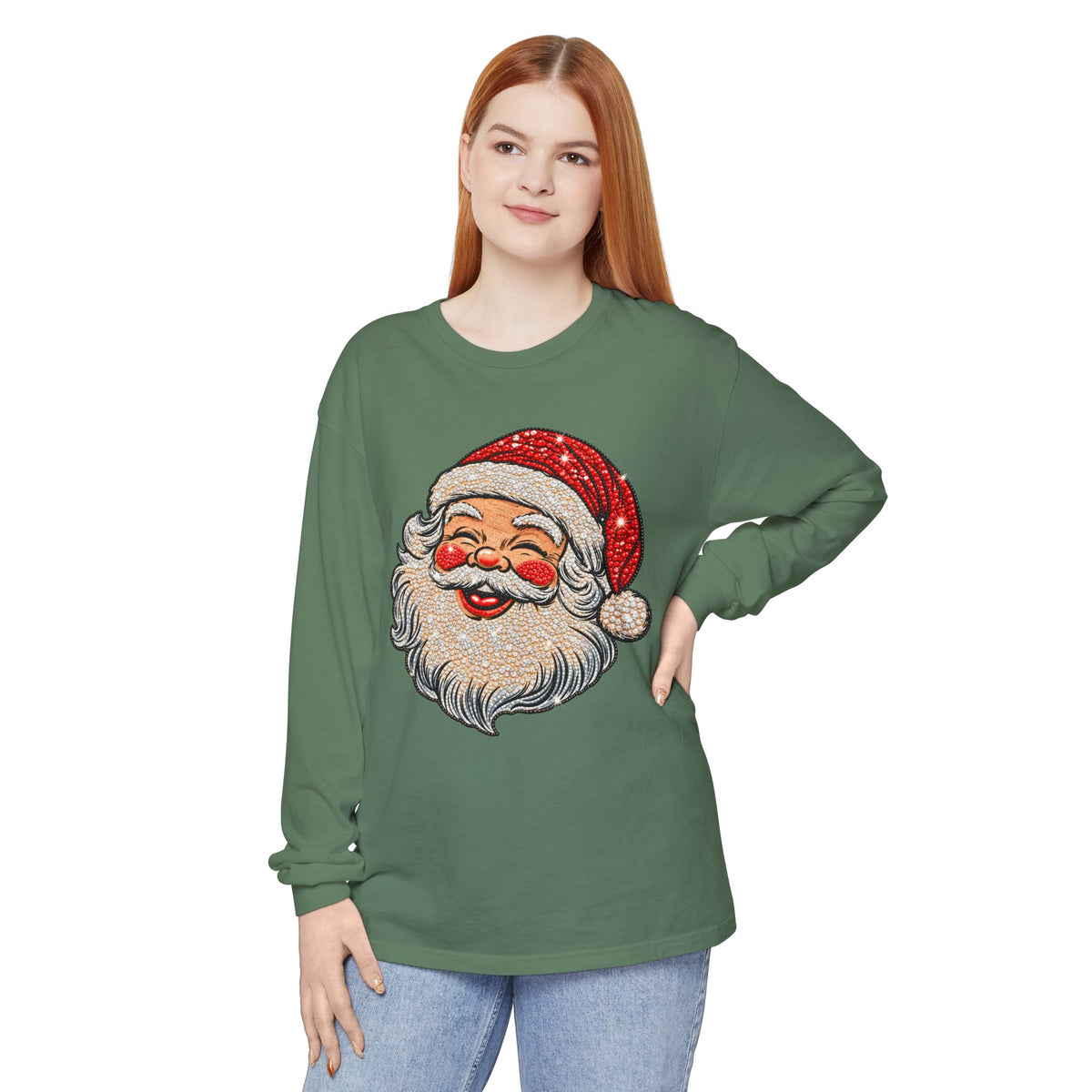 Sparkling Rhinestone Santa Christmas Long Sleeve Tee