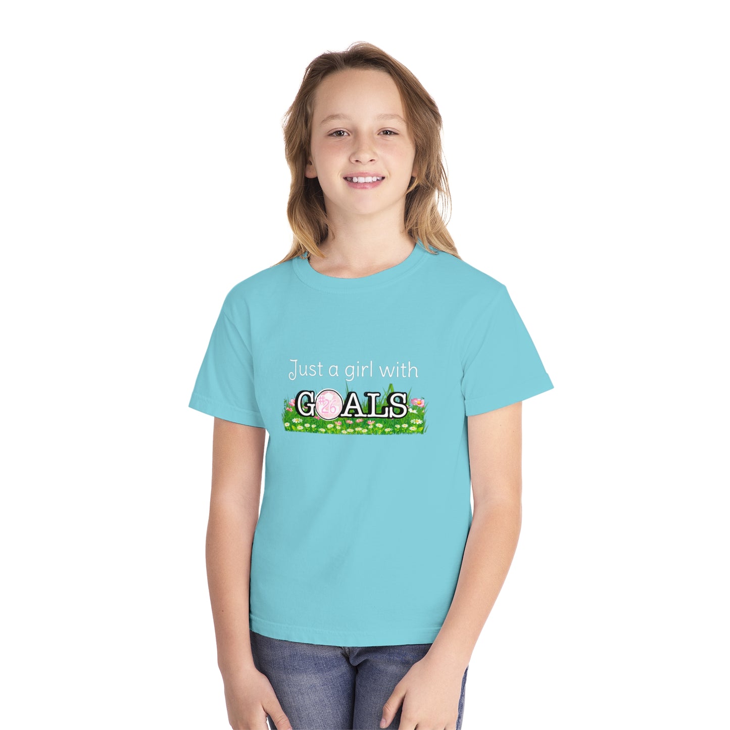 Just a Girl with Goals Youth T-Shirt - Soccer-Themed Tee for Young Athletes