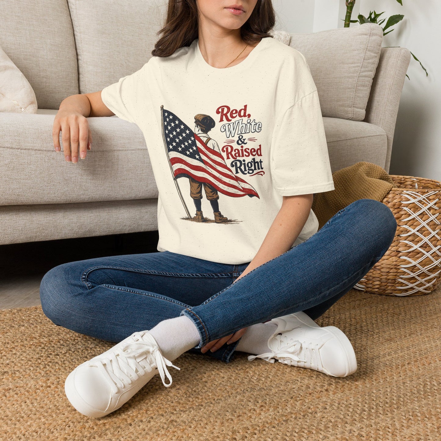 T-Shirt — "Red, White & Raised Right" Patriotic Flag Kids Retro Tee