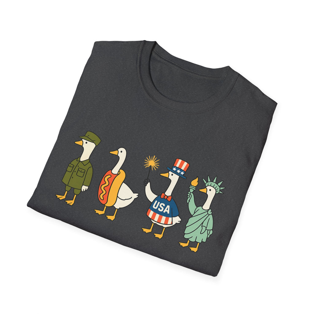 Americas 250th Patriotic Goose Parade T-Shirt — USA Hot Dog, Soldier & Statue of Liberty Graphic