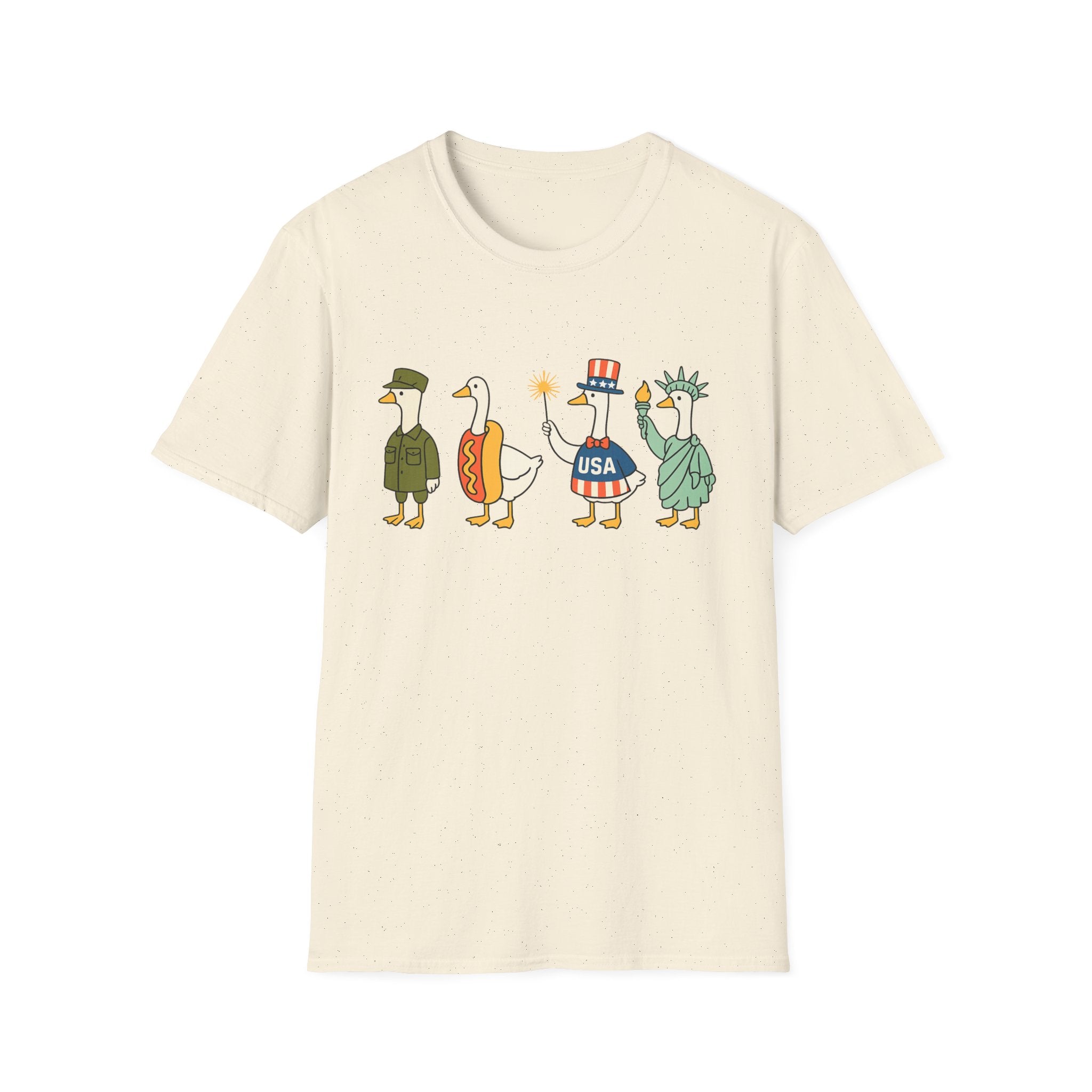 Americas 250th Patriotic Goose Parade T-Shirt — USA Hot Dog, Soldier & Statue of Liberty Graphic