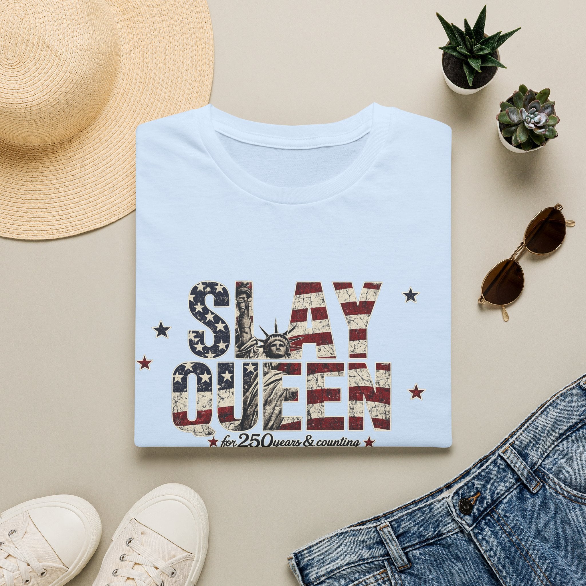 Slay Queen T‑Shirt — American Flag Statue of Liberty Patriotic Graphic Tee
