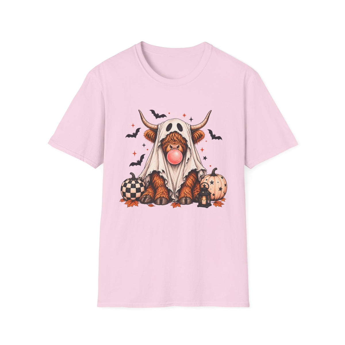 Spooky Highland Cow Ghost Halloween Tee – Bubblegum & Pumpkins
