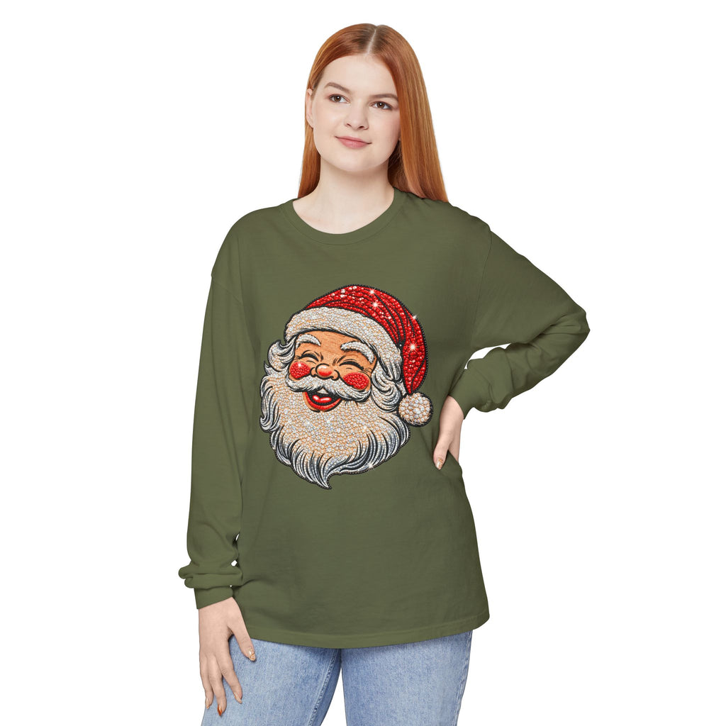 Sparkling Rhinestone Santa Christmas Long Sleeve Tee