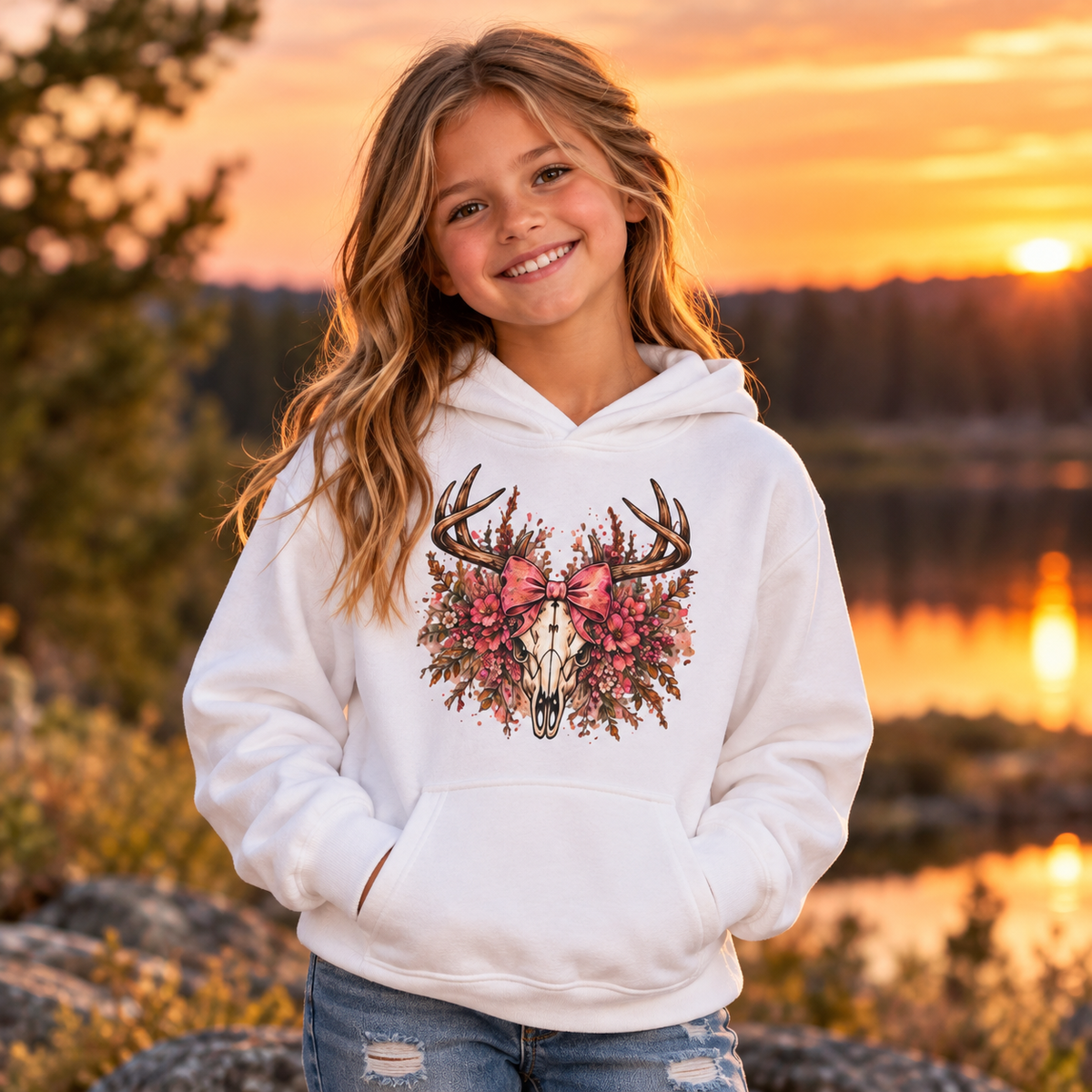 Wildflower Deer Skull Antlers Youth Hoodie