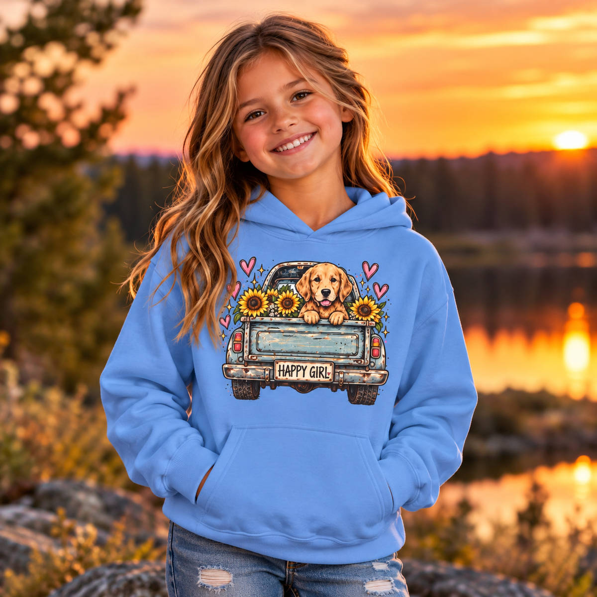 Happy Girl Golden Retriever & Pickup Kids Hoodie