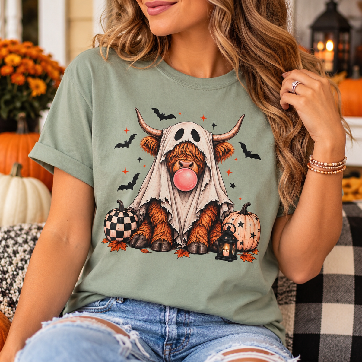 Spooky Highland Cow Ghost Halloween Tee – Bubblegum & Pumpkins