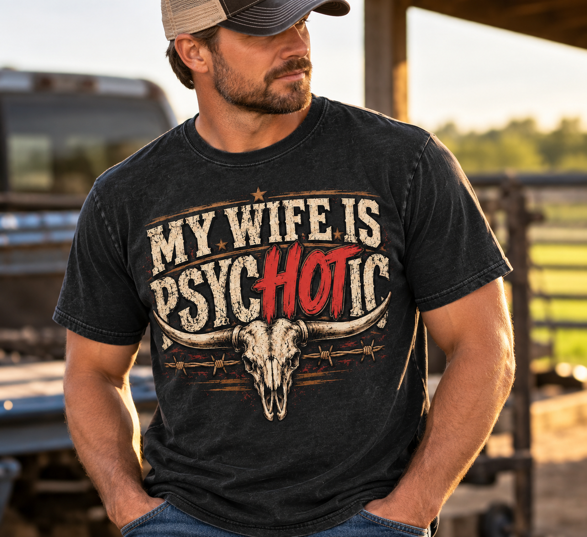 My Wife Is Psychotic – Funny Western Longhorn Skull Graphic Tee