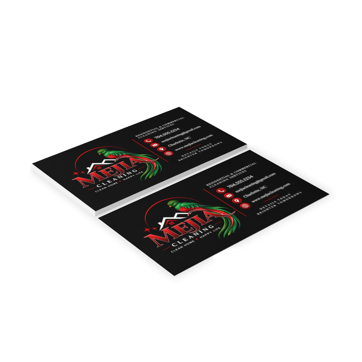 Black Business Cards — Mejia Cleaning Branded Parrot Logo Card