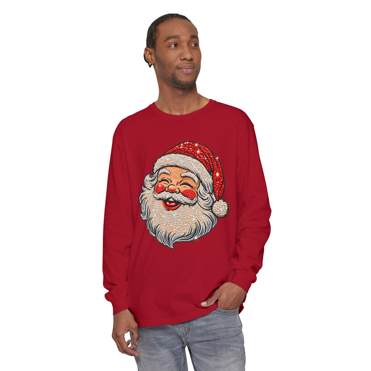 Sparkling Rhinestone Santa Christmas Long Sleeve Tee