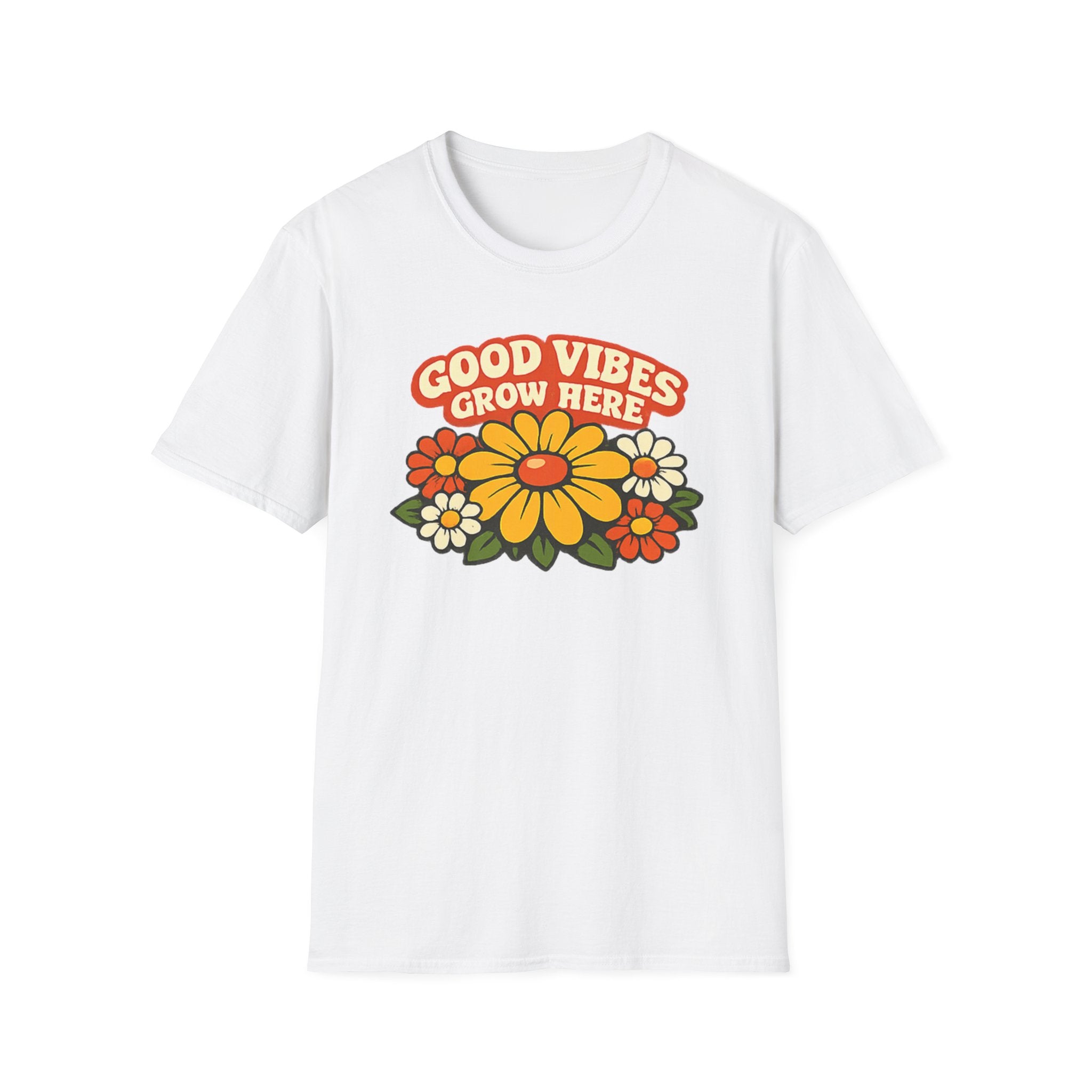 Good Vibes Grow Here Retro T-Shirt — 60s/70s Vintage Floral Tee