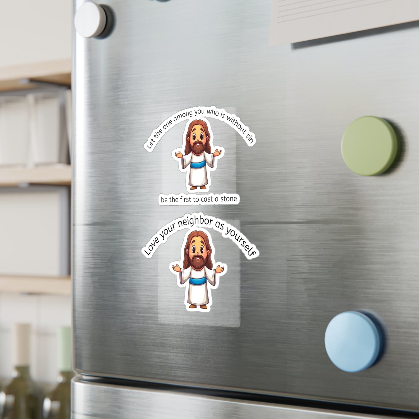 Jesus Cartoon Sticker Set — “Let the one among you who is without sin be the first to cast a stone” & “Love your neighbor as yourself” [...]
