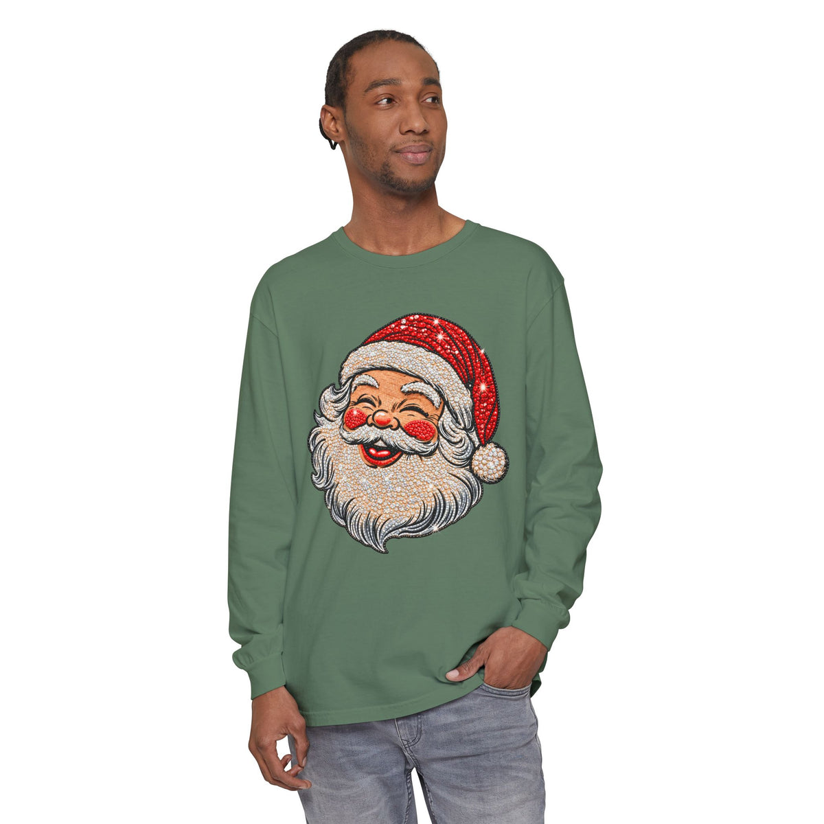 Sparkling Rhinestone Santa Christmas Long Sleeve Tee