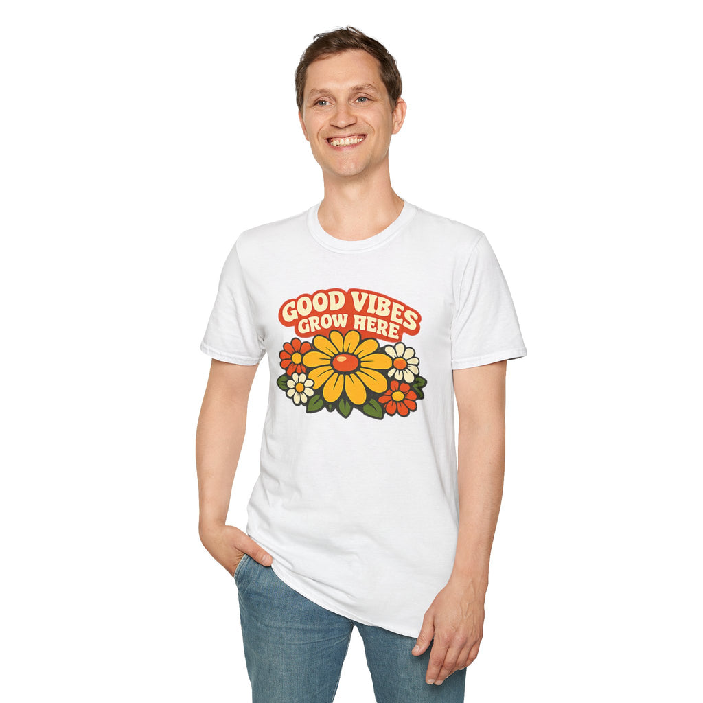Good Vibes Grow Here Retro T-Shirt — 60s/70s Vintage Floral Tee