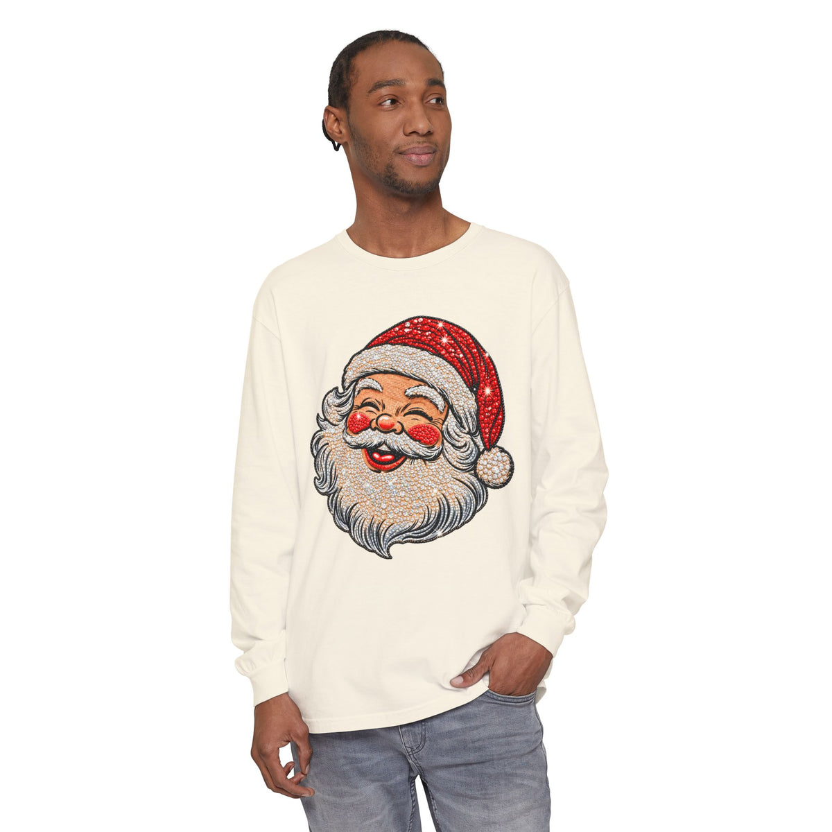Sparkling Rhinestone Santa Christmas Long Sleeve Tee