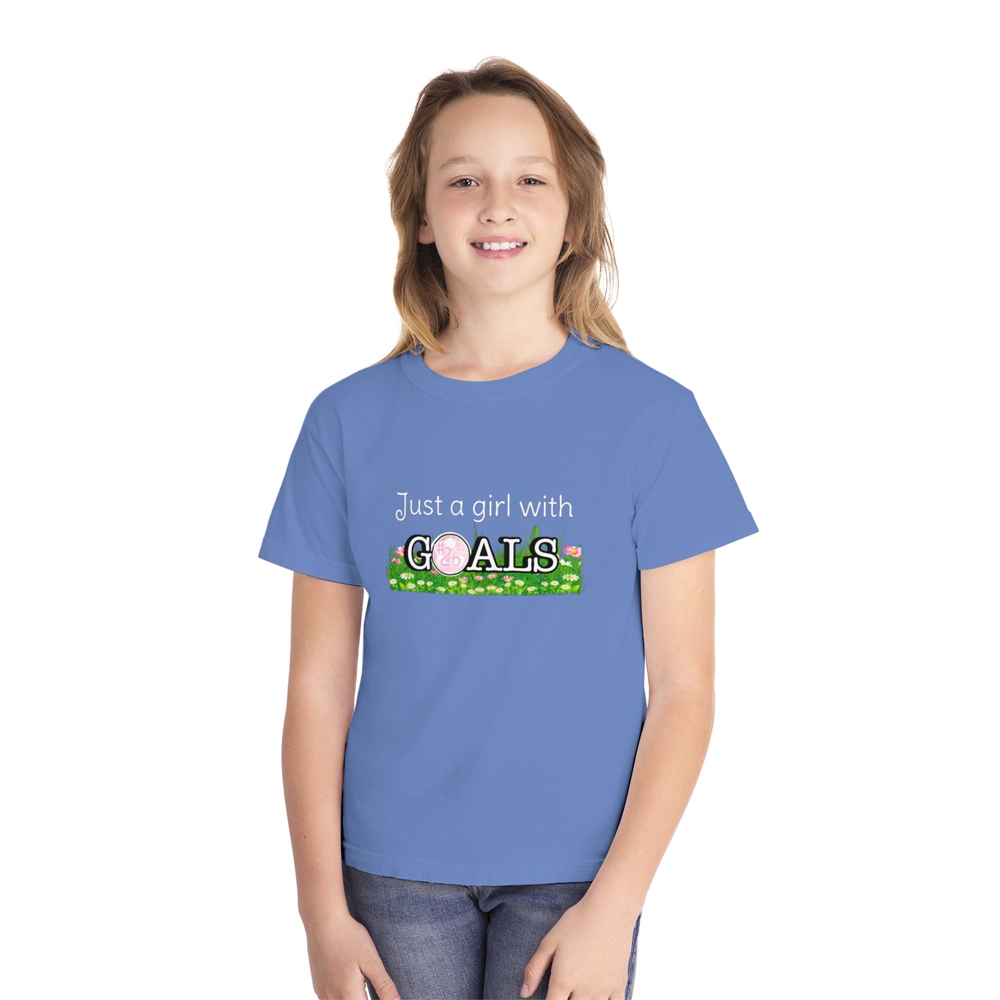 Just a Girl with Goals Youth T-Shirt - Soccer-Themed Tee for Young Athletes