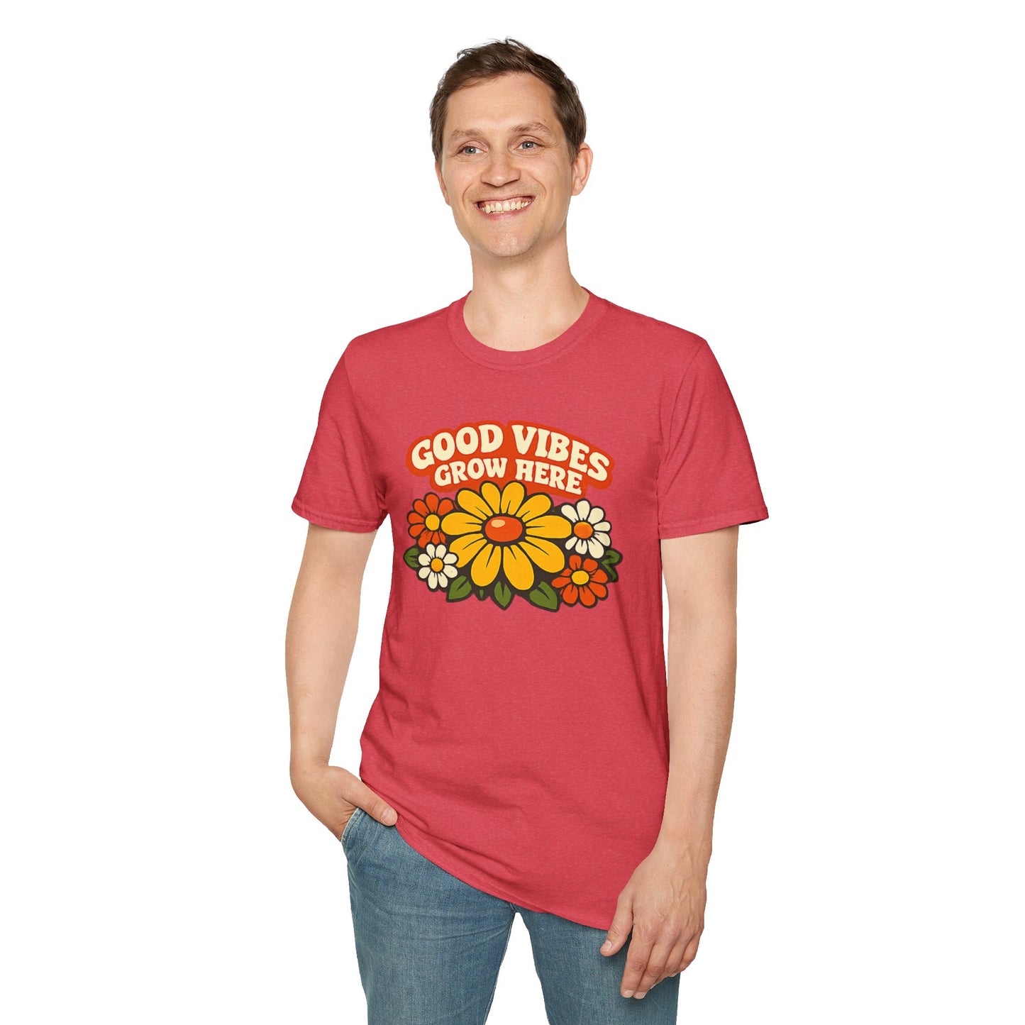 Good Vibes Grow Here Retro T-Shirt — 60s/70s Vintage Floral Tee