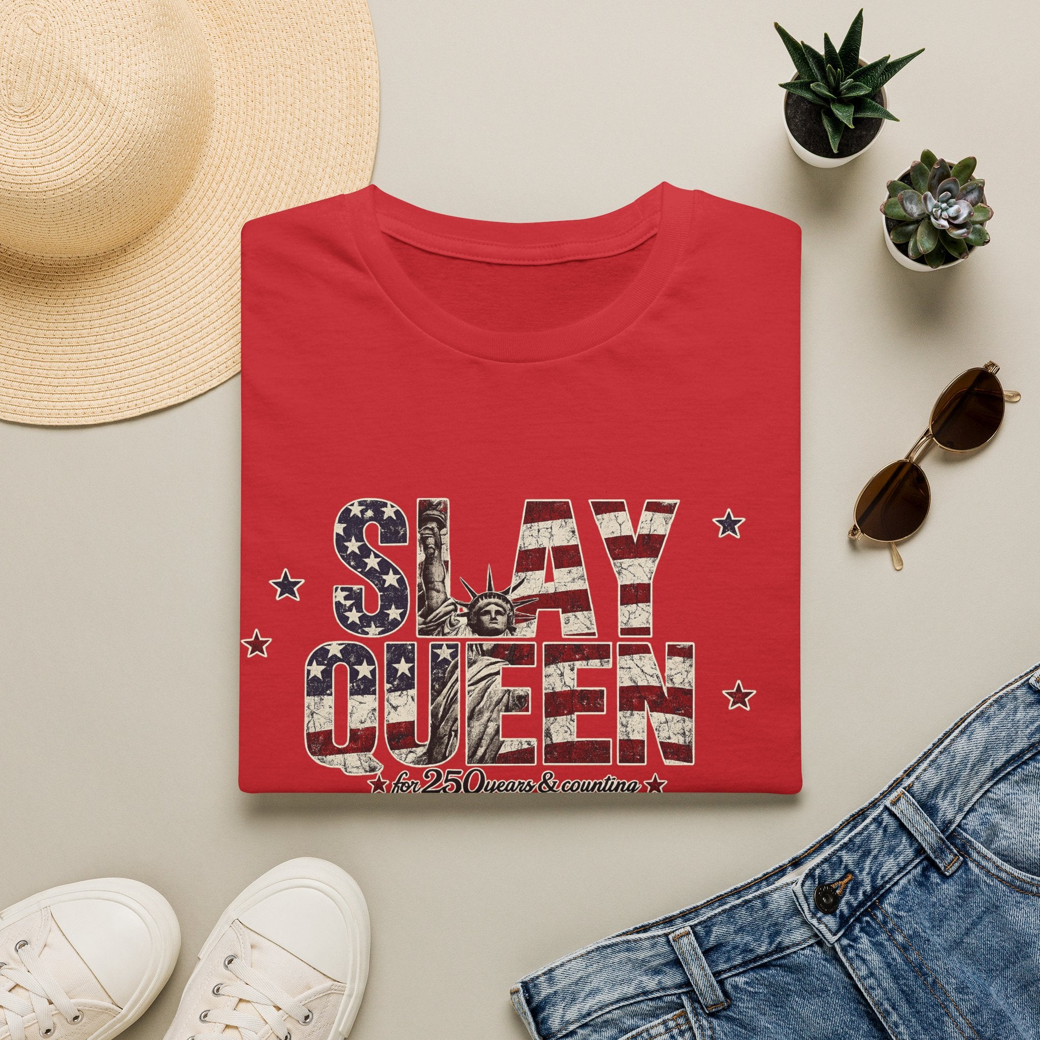 Slay Queen T‑Shirt — American Flag Statue of Liberty Patriotic Graphic Tee