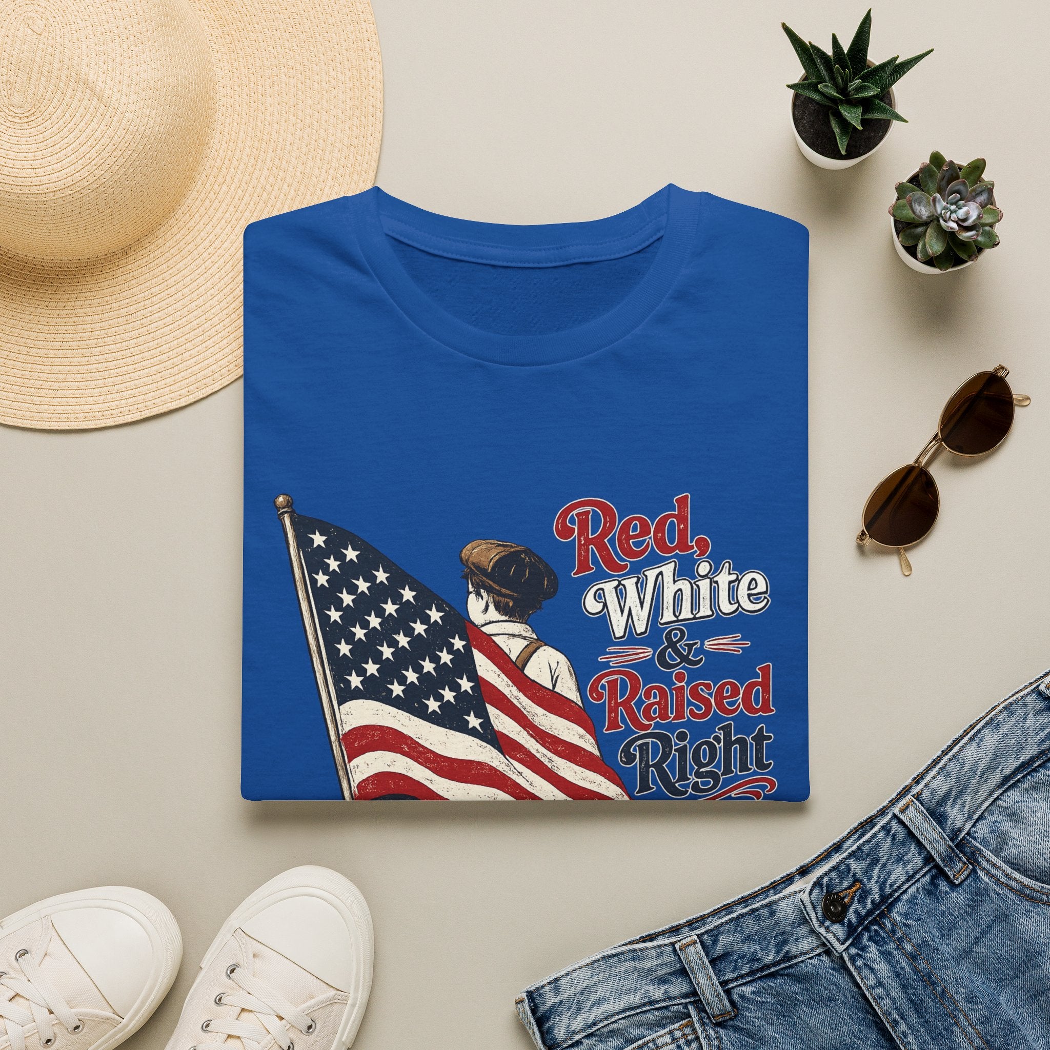 T-Shirt — "Red, White & Raised Right" Patriotic Flag Retro Tee
