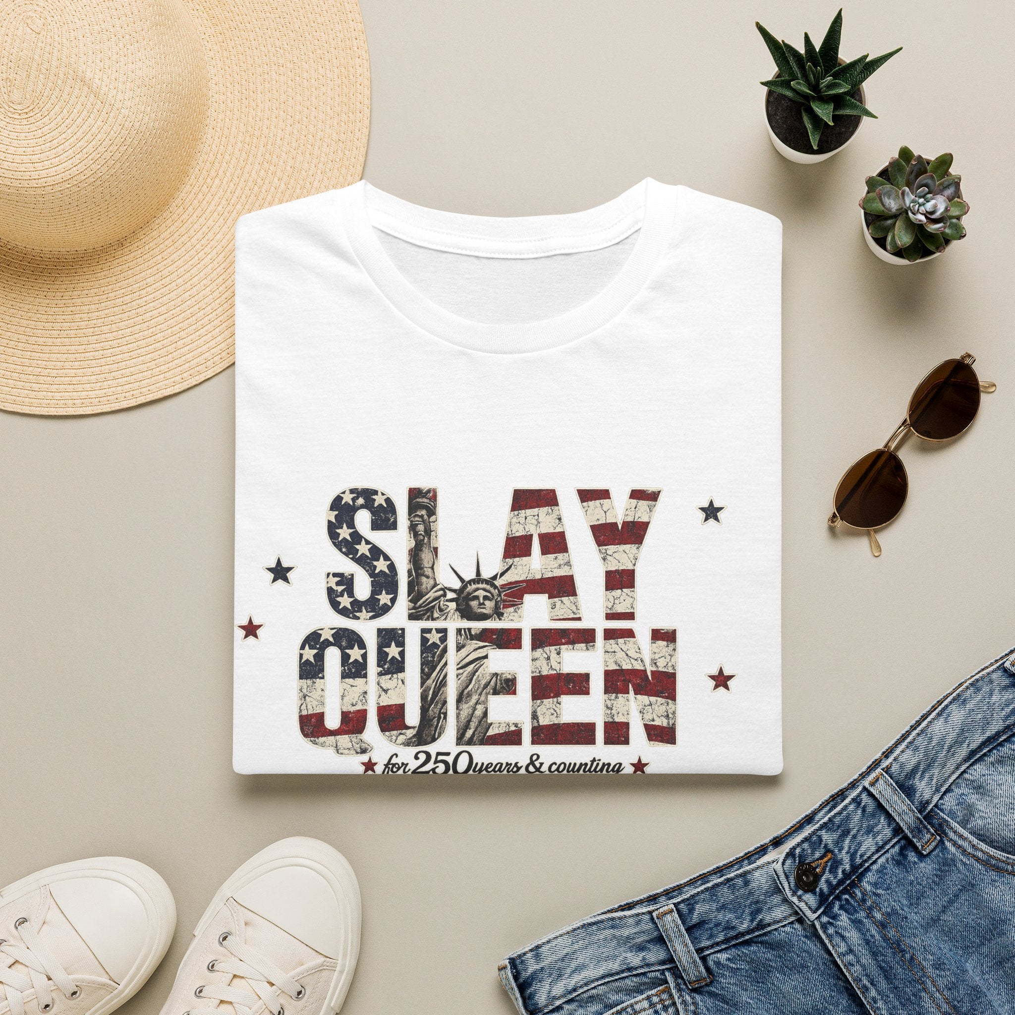 Slay Queen T‑Shirt — American Flag Statue of Liberty Patriotic Graphic Tee