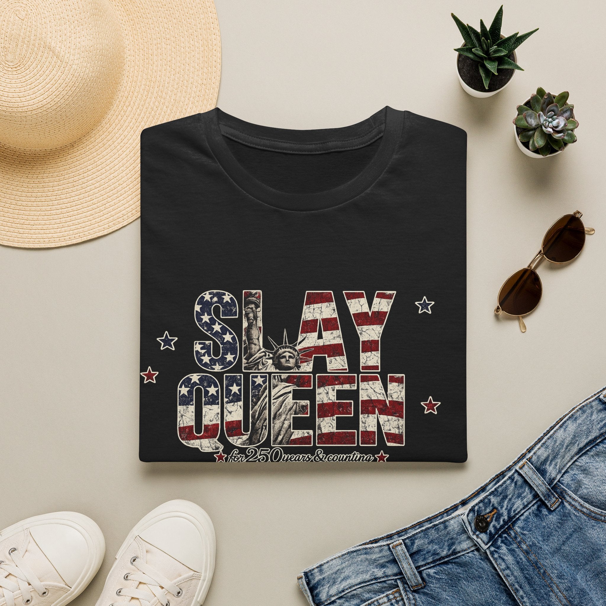 Slay Queen T‑Shirt — American Flag Statue of Liberty Patriotic Graphic Tee
