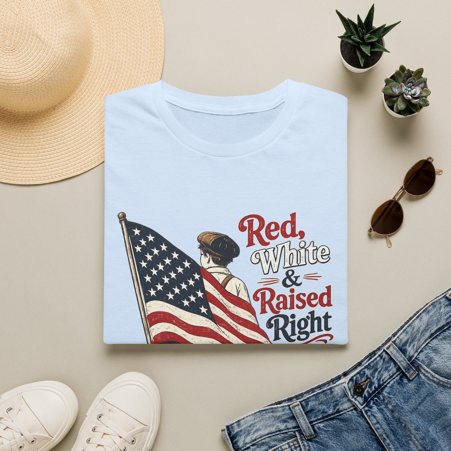 T-Shirt — "Red, White & Raised Right" Patriotic Flag Kids Retro Tee